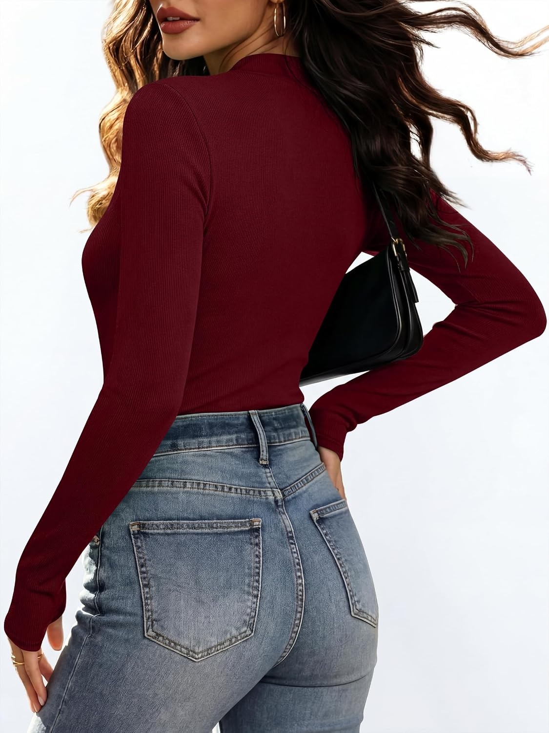 image:imageANRABESS Womens Long Sleeve Shirts V Neck Ribbed Knit Fitted Fall TopsWine Red