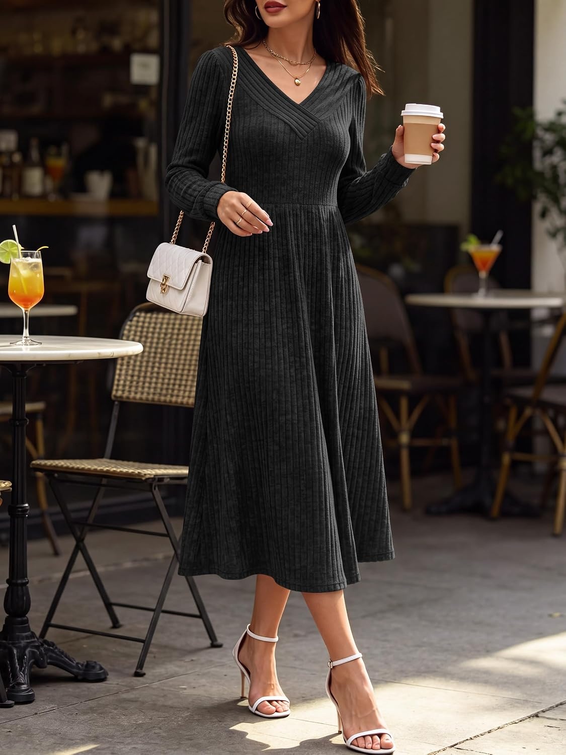 image:imageANRABESS Womens Long Sleeve V Neck A Line Fall Midi DressBlack