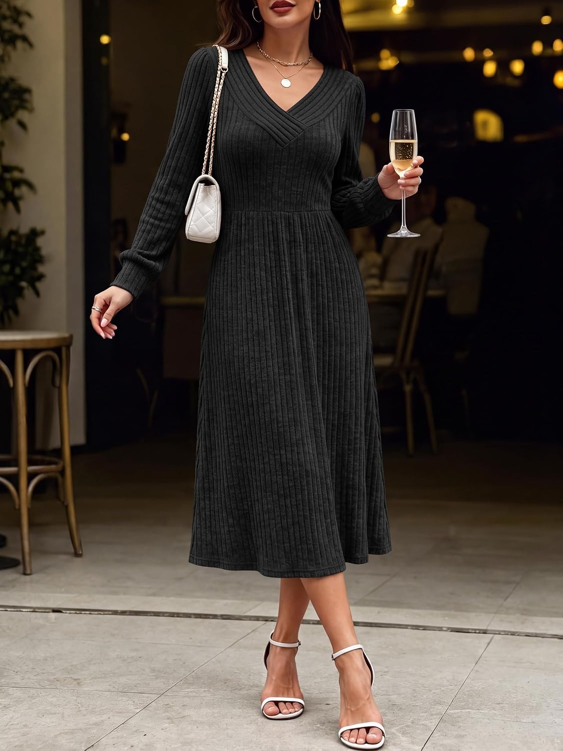 image:imageANRABESS Womens Long Sleeve V Neck A Line Fall Midi DressBlack