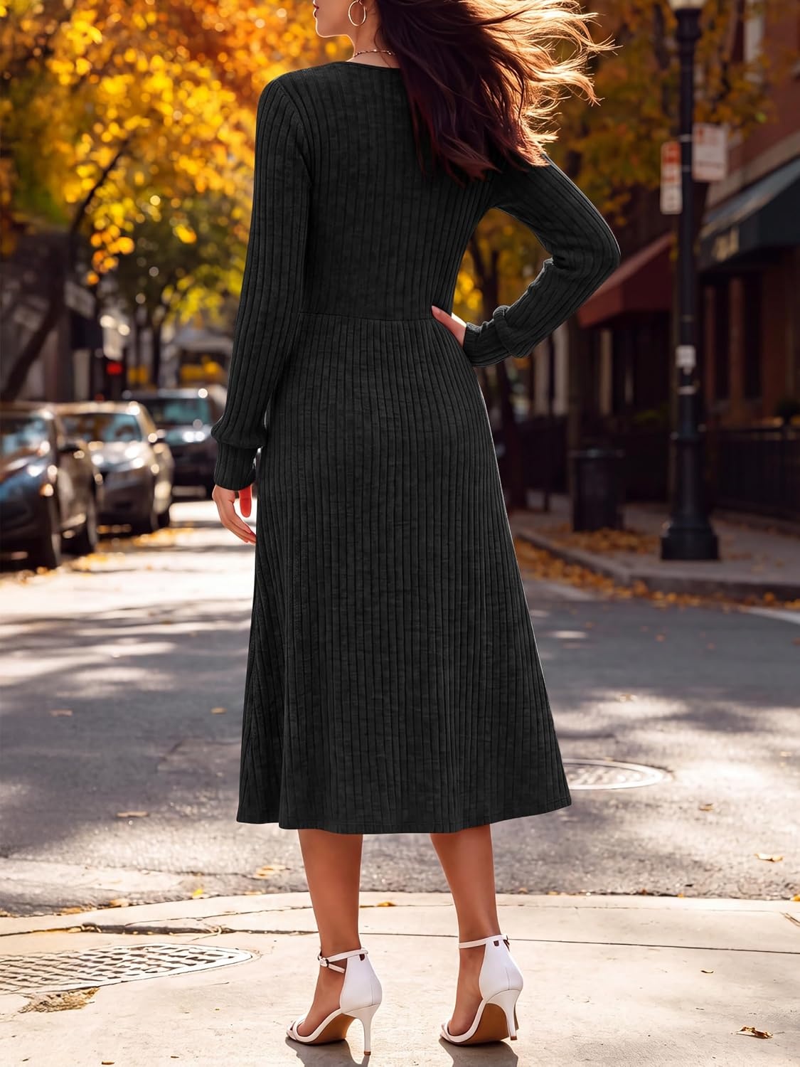 image:imageANRABESS Womens Long Sleeve V Neck A Line Fall Midi DressBlack
