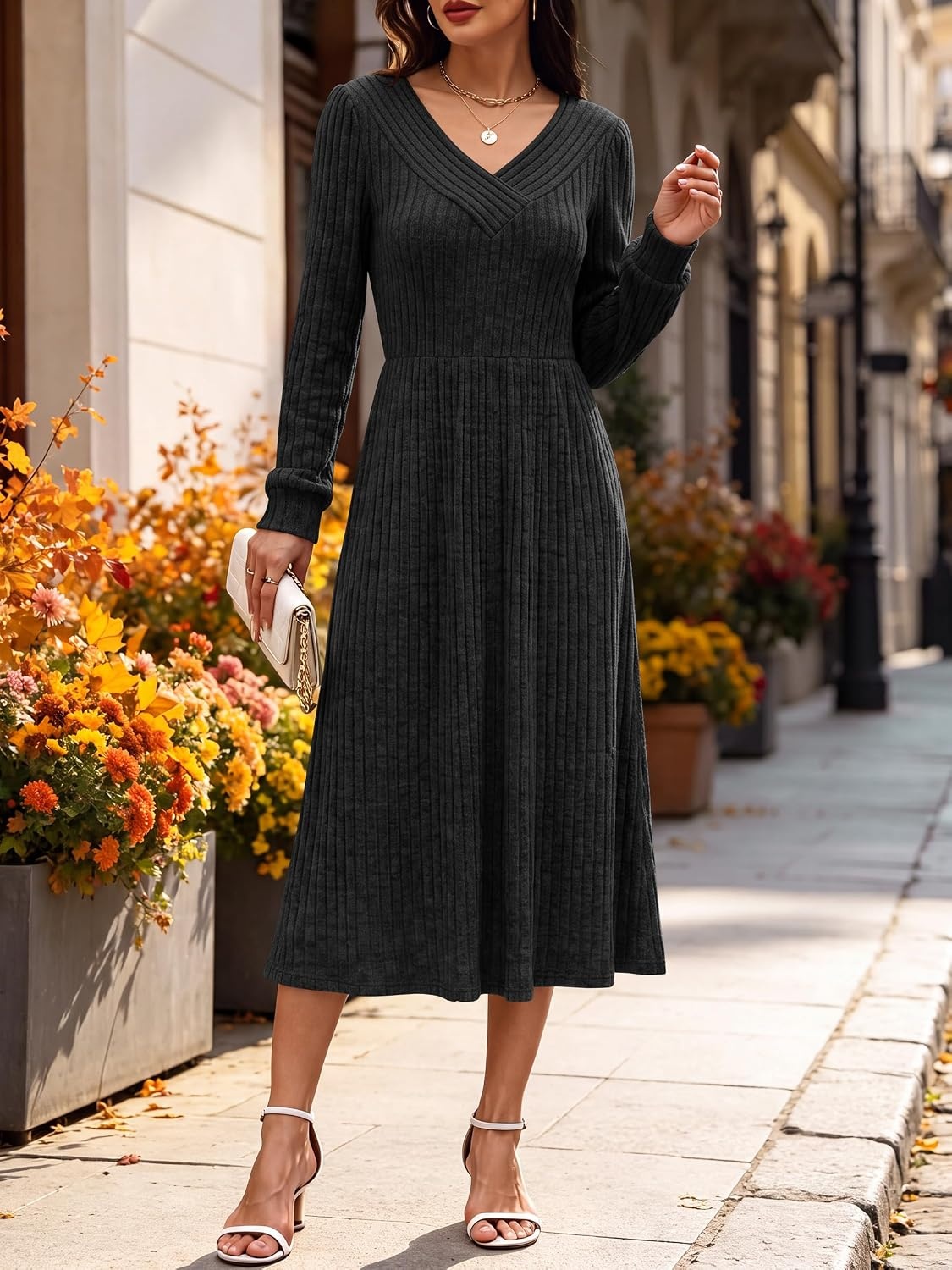 image:imageANRABESS Womens Long Sleeve V Neck A Line Fall Midi DressBlack