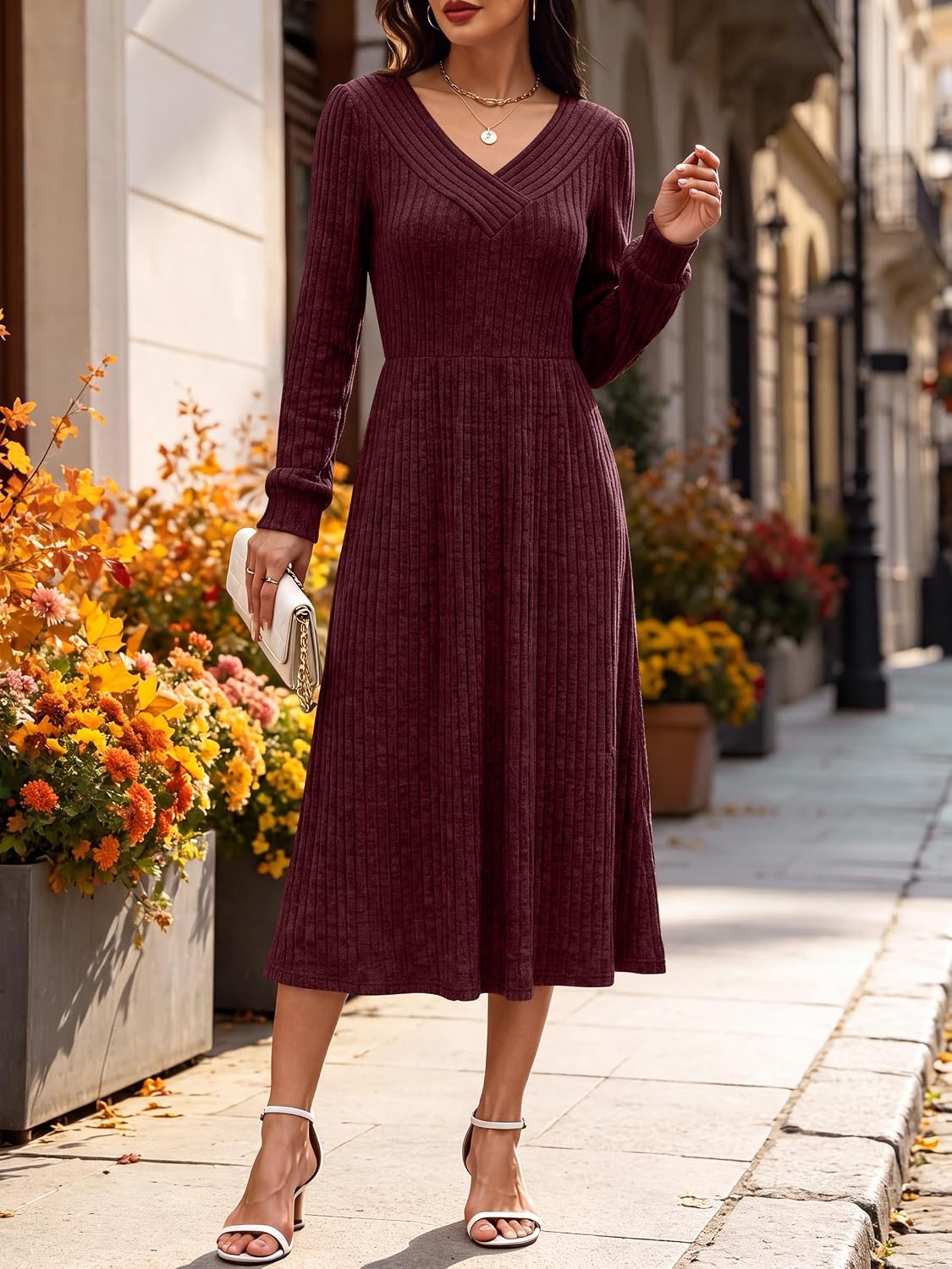image:imageANRABESS Womens Long Sleeve V Neck A Line Fall Midi DressBurgundy