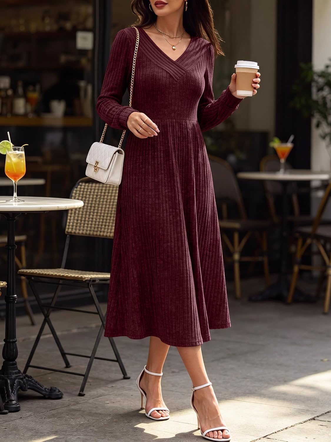 image:imageANRABESS Womens Long Sleeve V Neck A Line Fall Midi DressBurgundy