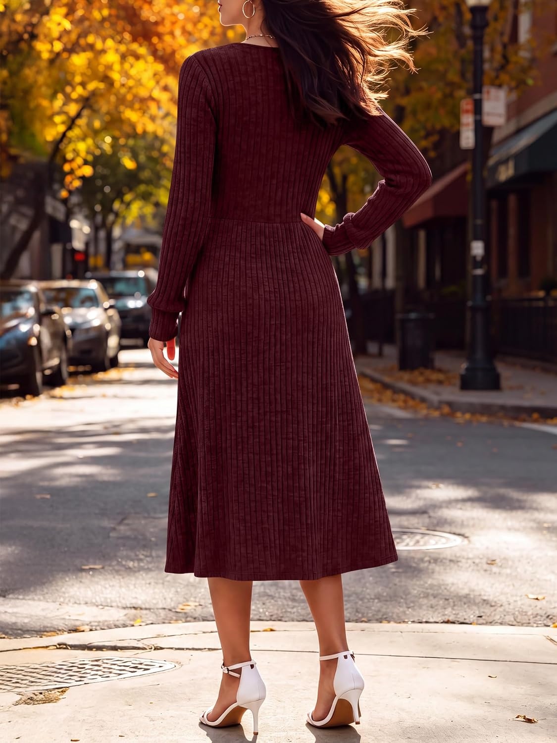 image:imageANRABESS Womens Long Sleeve V Neck A Line Fall Midi DressBurgundy
