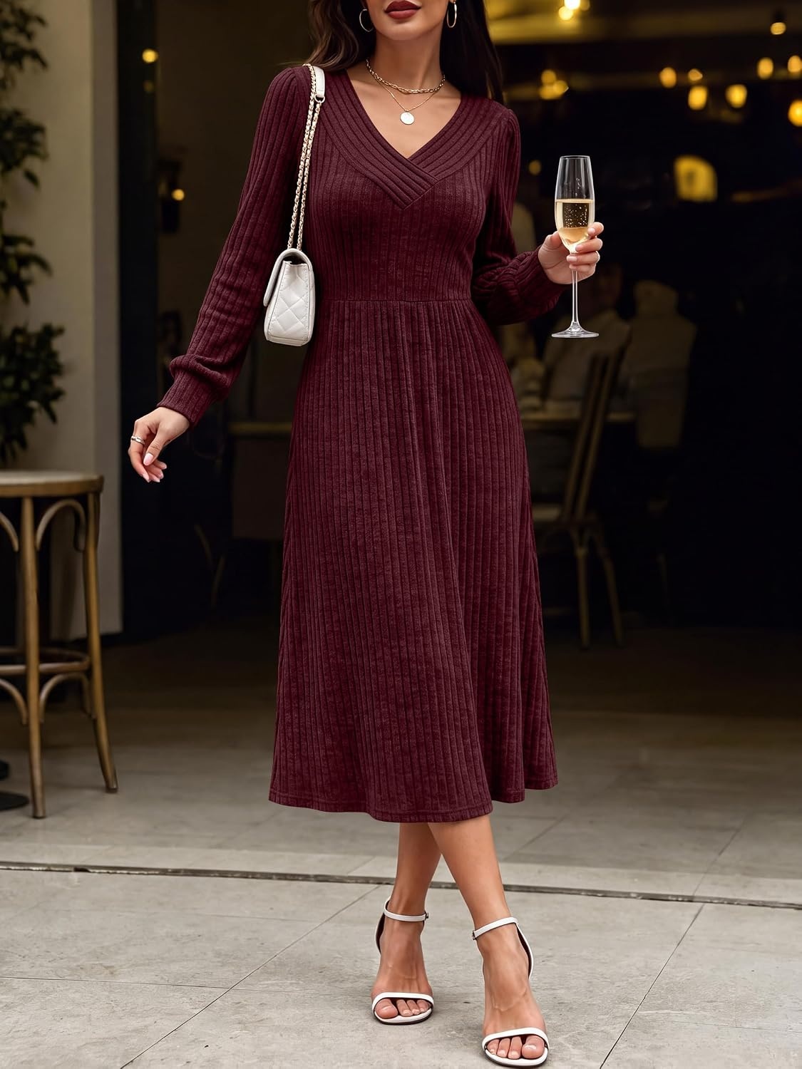image:imageANRABESS Womens Long Sleeve V Neck A Line Fall Midi DressBurgundy