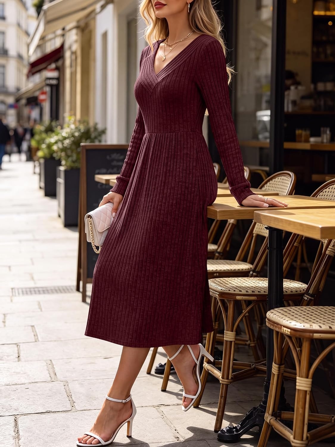 image:imageANRABESS Womens Long Sleeve V Neck A Line Fall Midi DressBurgundy