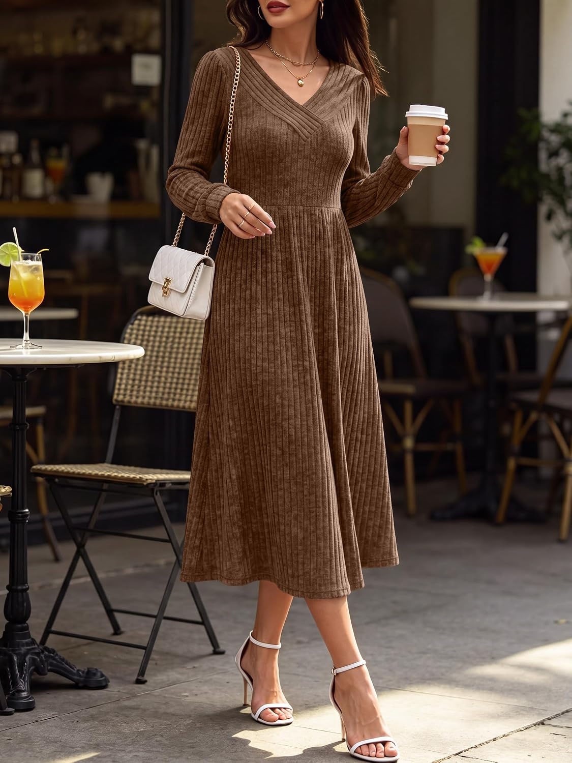 image:imageANRABESS Womens Long Sleeve V Neck A Line Fall Midi DressDark Brown