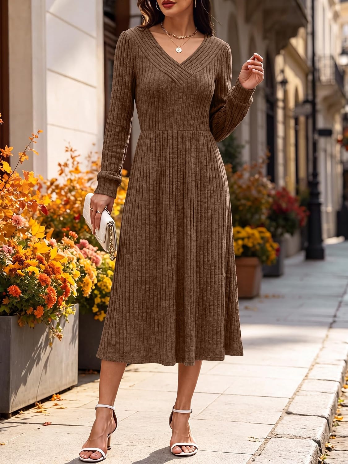 image:imageANRABESS Womens Long Sleeve V Neck A Line Fall Midi DressDark Brown