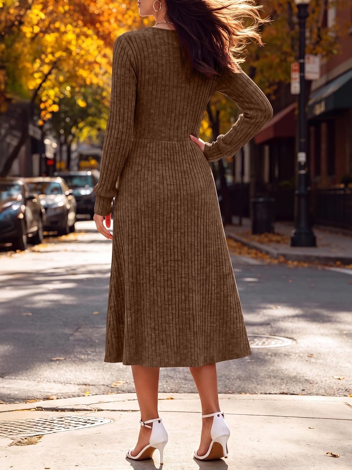 image:imageANRABESS Womens Long Sleeve V Neck A Line Fall Midi DressDark Brown