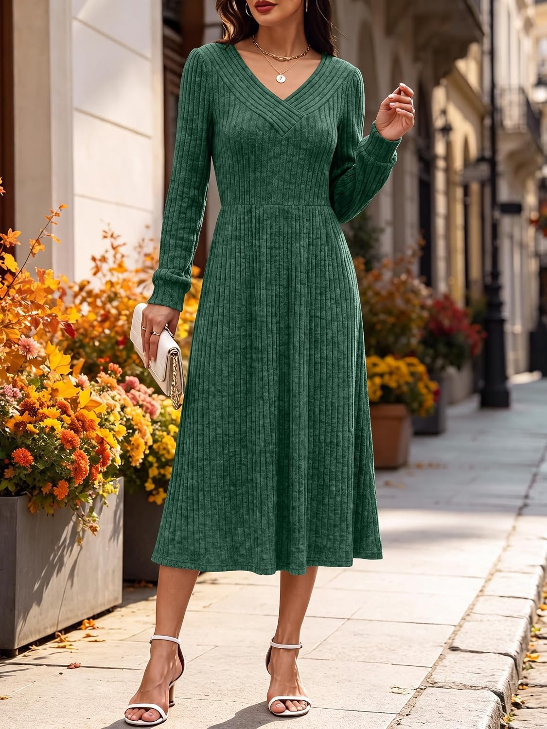 image:imageANRABESS Womens Long Sleeve V Neck A Line Fall Midi DressGreen