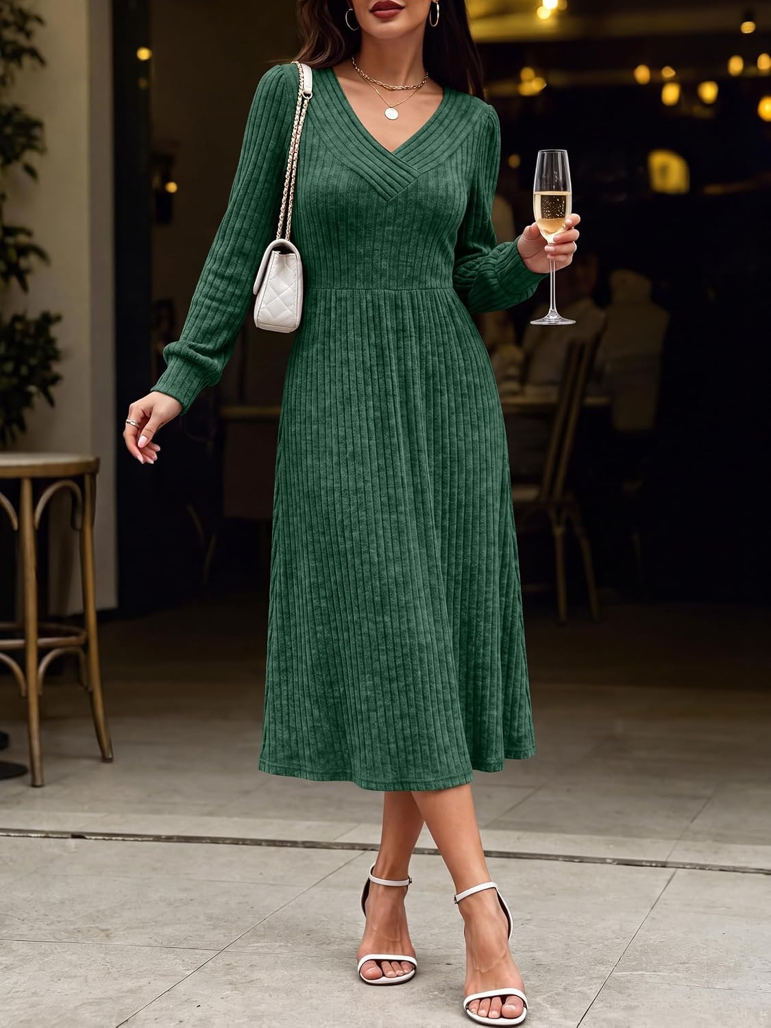 image:imageANRABESS Womens Long Sleeve V Neck A Line Fall Midi DressGreen