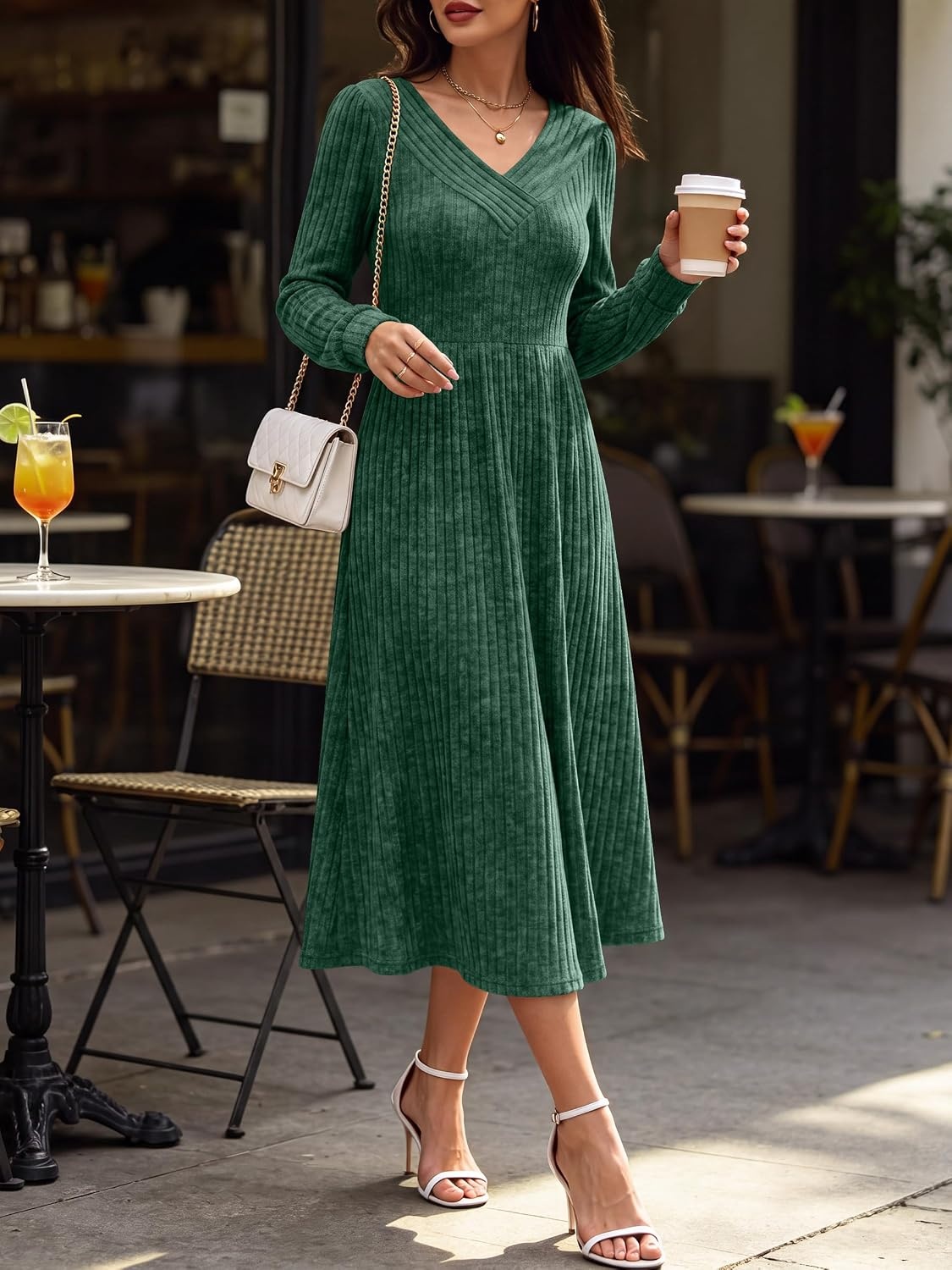 image:imageANRABESS Womens Long Sleeve V Neck A Line Fall Midi DressGreen