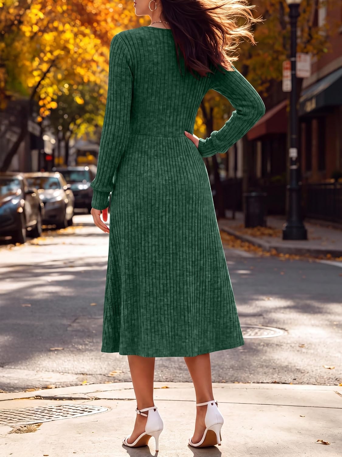 image:imageANRABESS Womens Long Sleeve V Neck A Line Fall Midi DressGreen