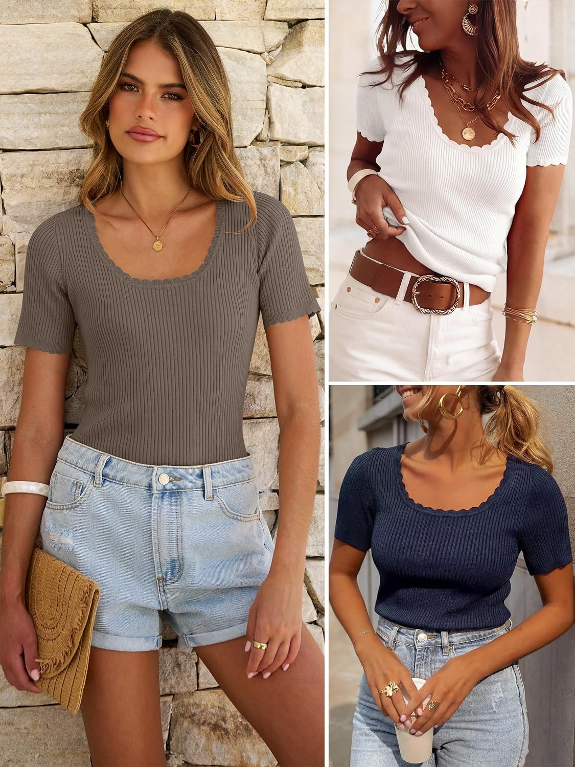 image:imageANRABESS Womens Short Sleeve Sweater Scalloped Scoop Neck TopsCamel