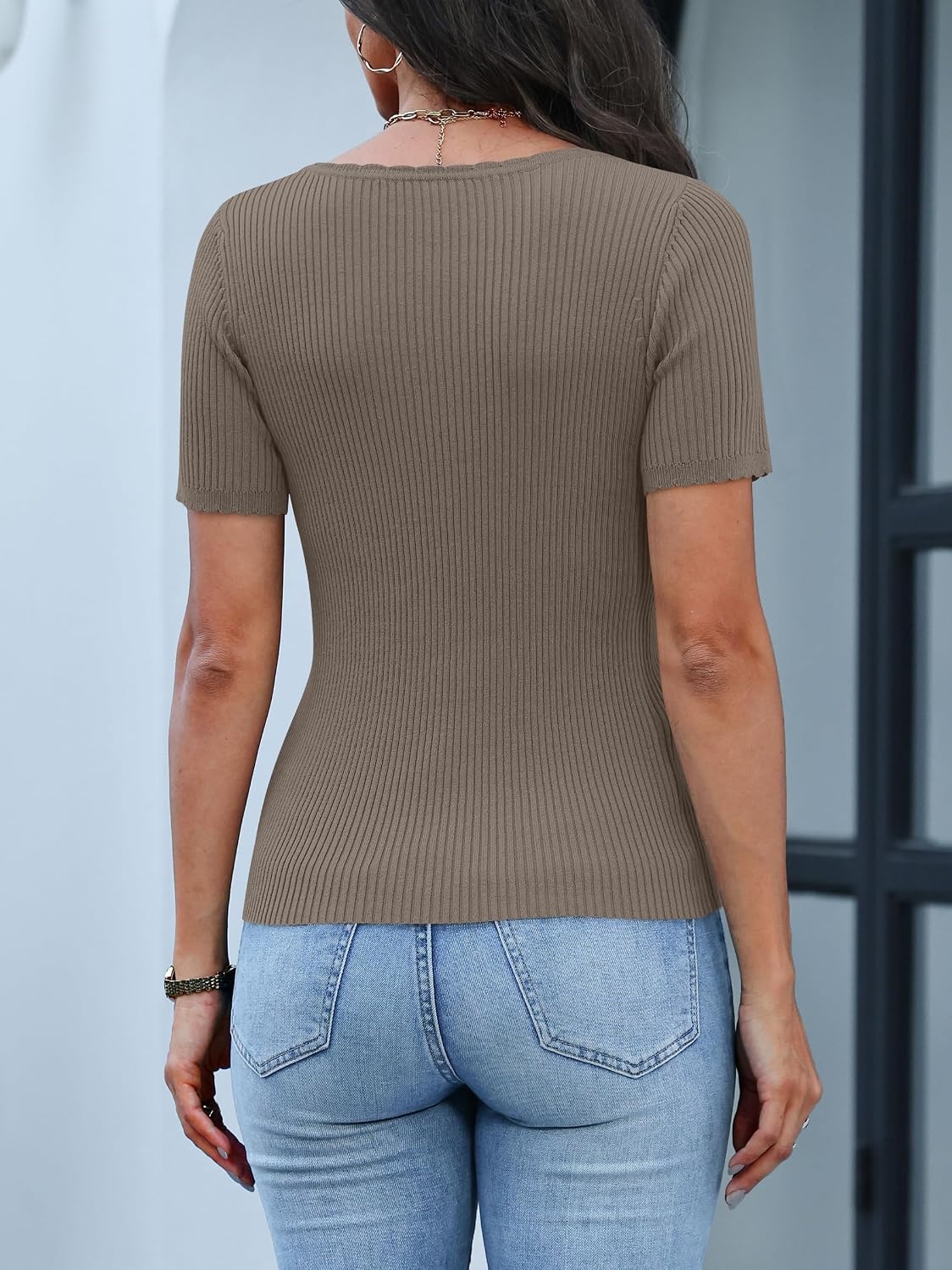 image:imageANRABESS Womens Short Sleeve Sweater Scalloped Scoop Neck TopsCamel