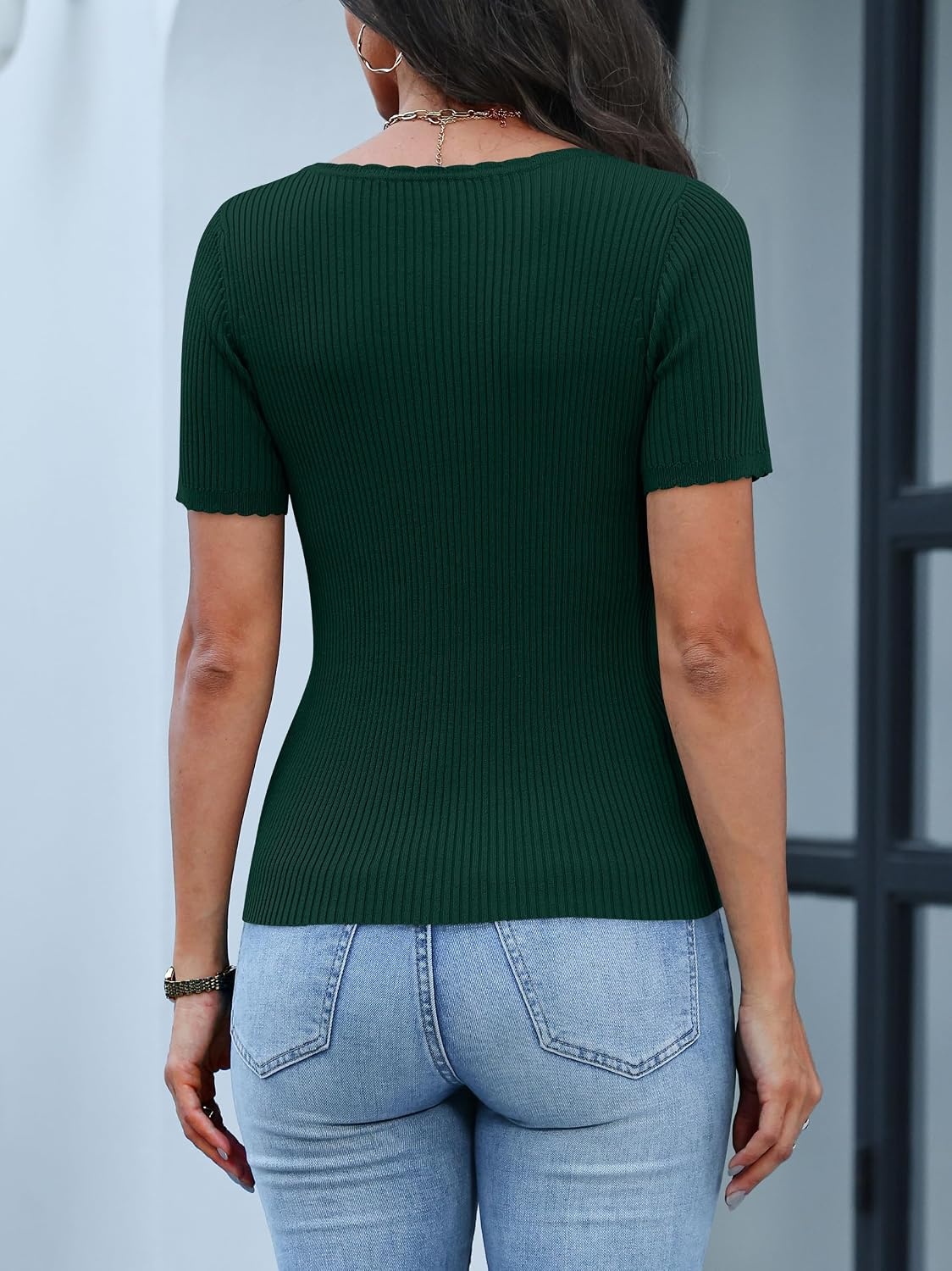 image:imageANRABESS Womens Short Sleeve Sweater Scalloped Scoop Neck TopsDeep Green