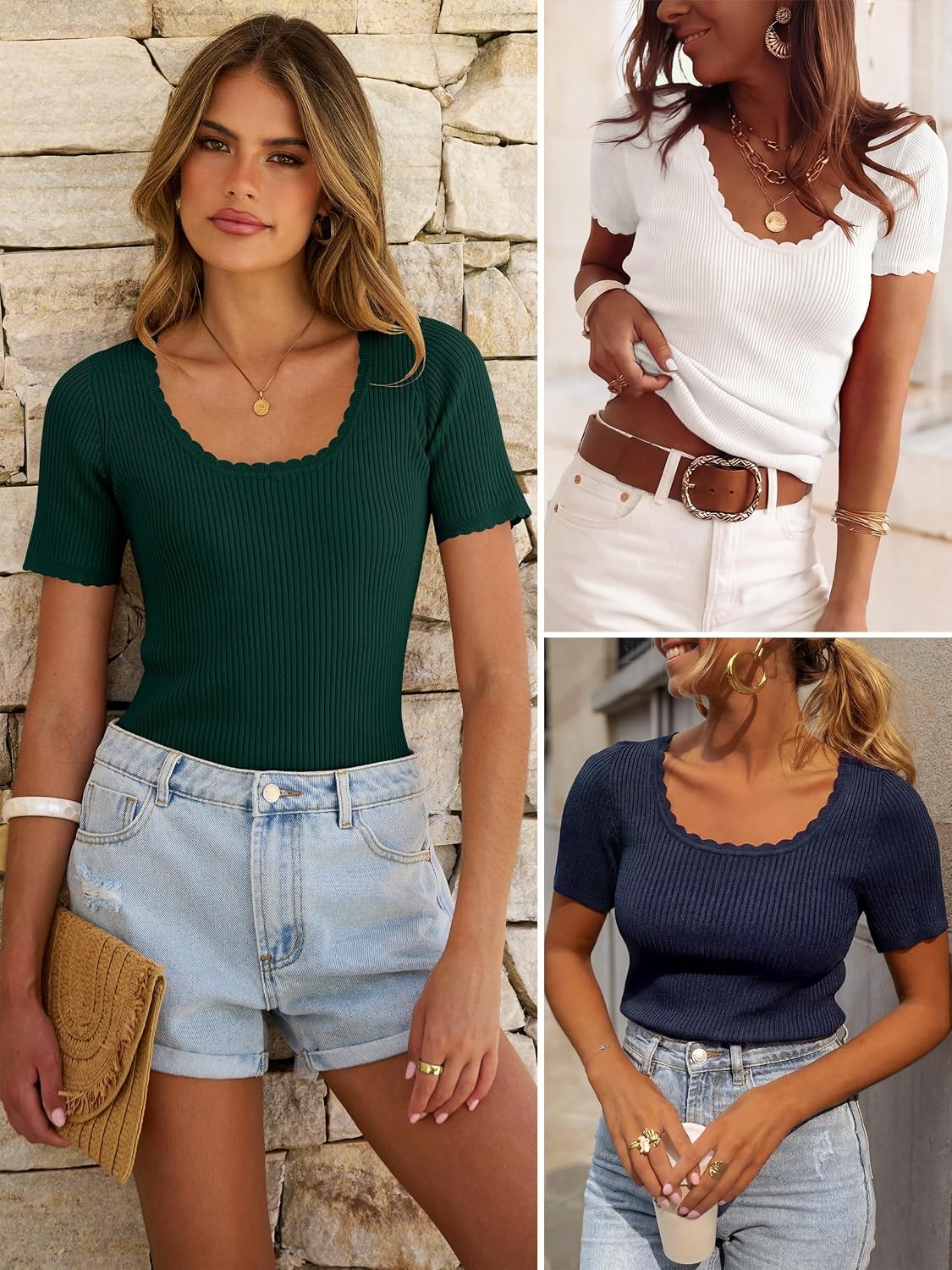 image:imageANRABESS Womens Short Sleeve Sweater Scalloped Scoop Neck TopsDeep Green