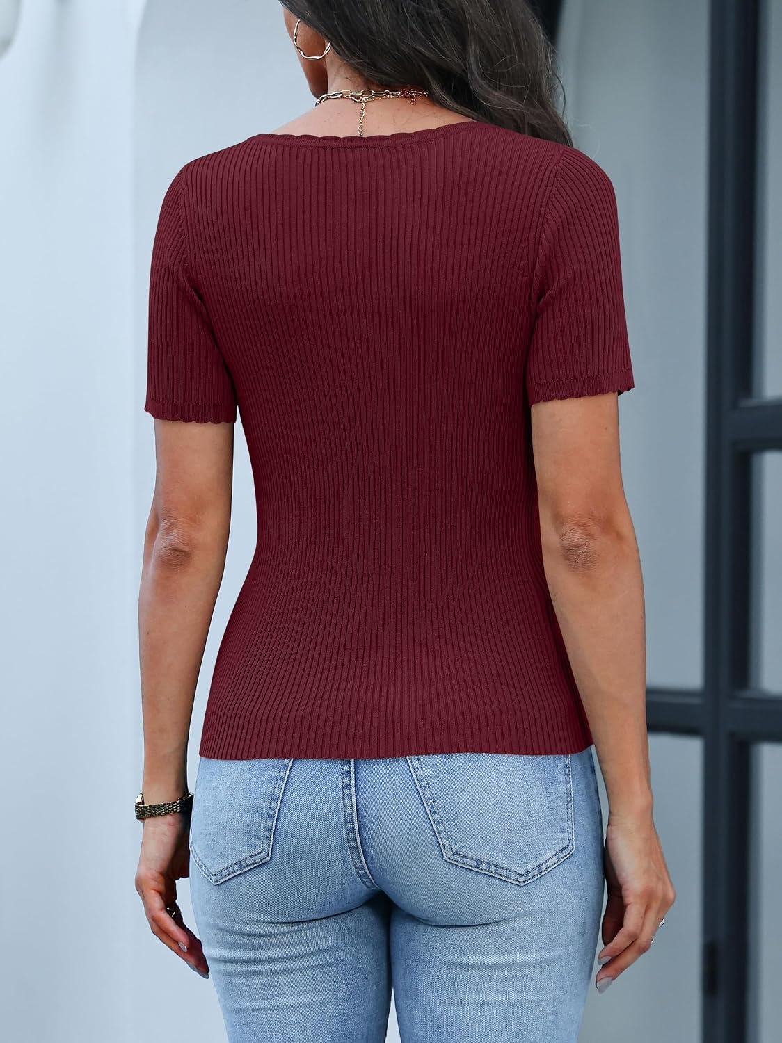 image:imageANRABESS Womens Short Sleeve Sweater Scalloped Scoop Neck TopsDeep Red