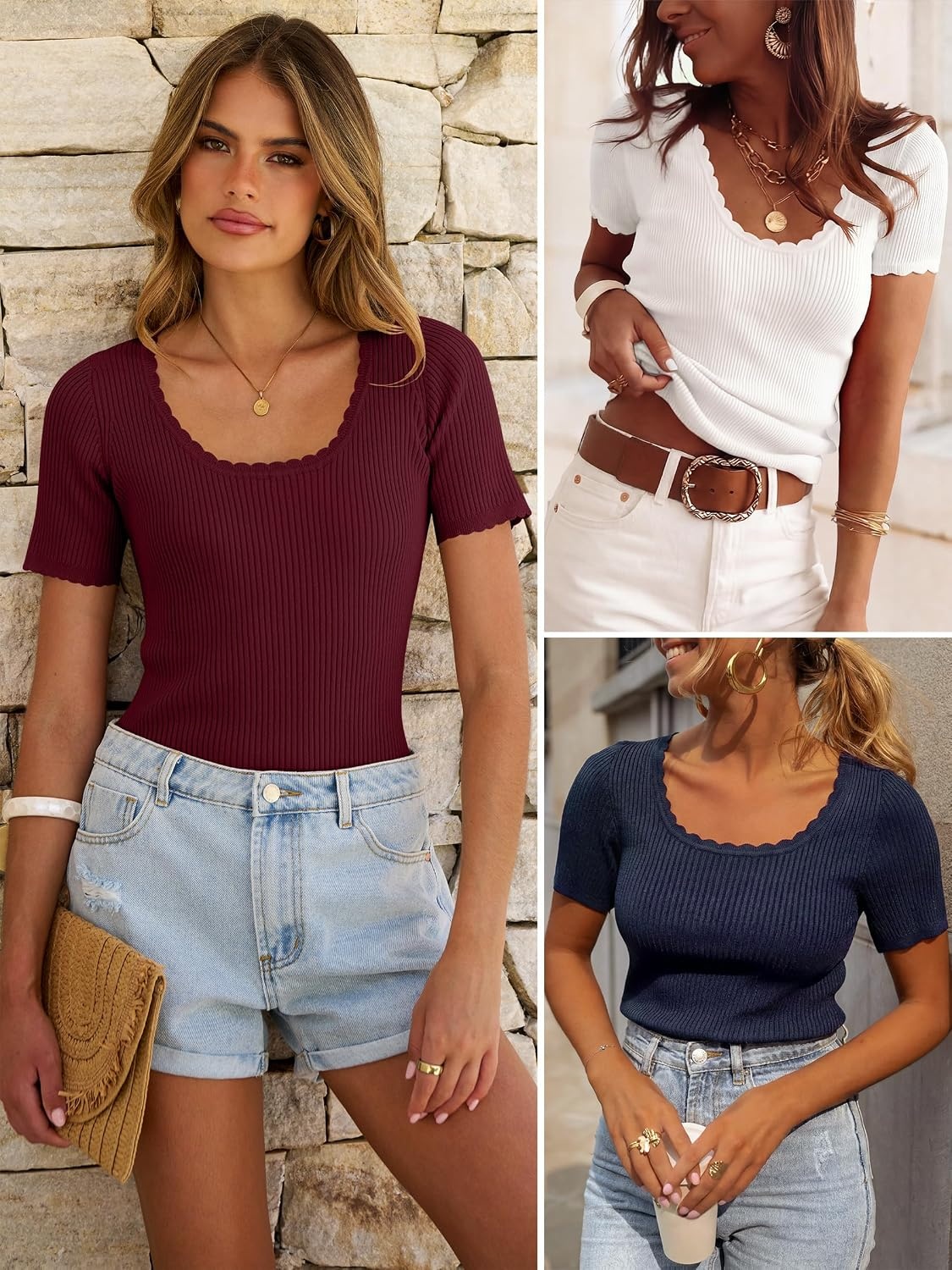 image:imageANRABESS Womens Short Sleeve Sweater Scalloped Scoop Neck TopsDeep Red