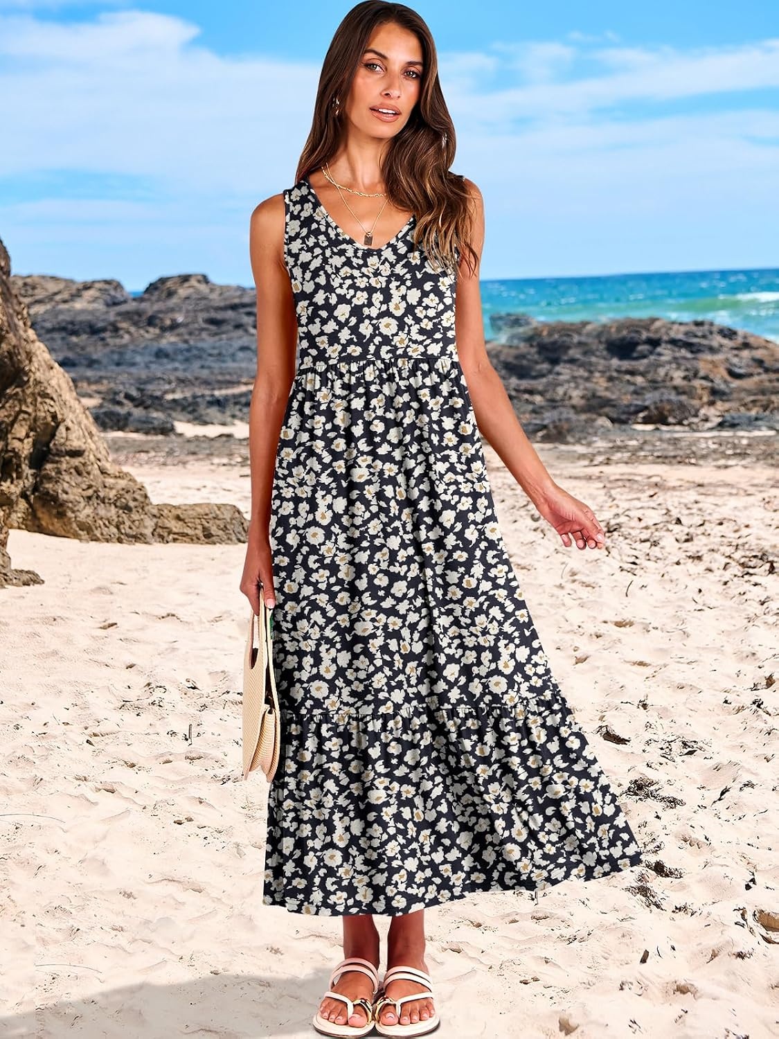 image:imageANRABESS Womens Sleeveless Summer Casual Maxi Dresses with PocketsBlack With Floral White