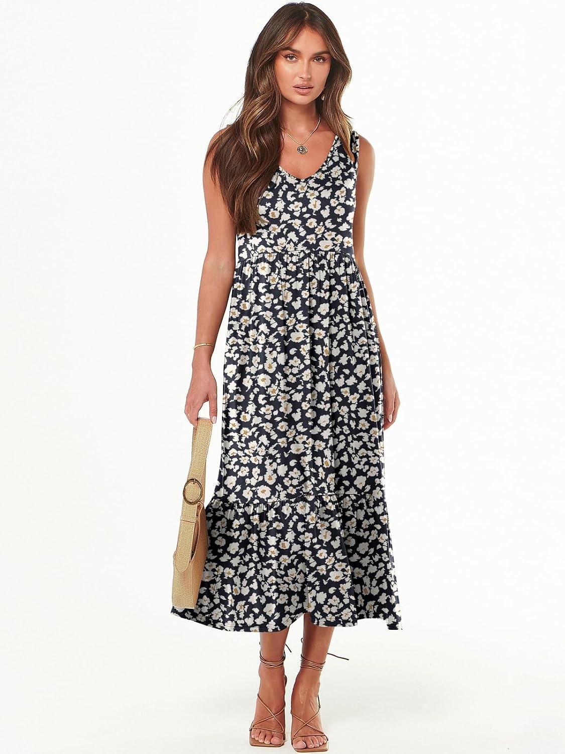image:imageANRABESS Womens Sleeveless Summer Casual Maxi Dresses with PocketsBlack With Floral White