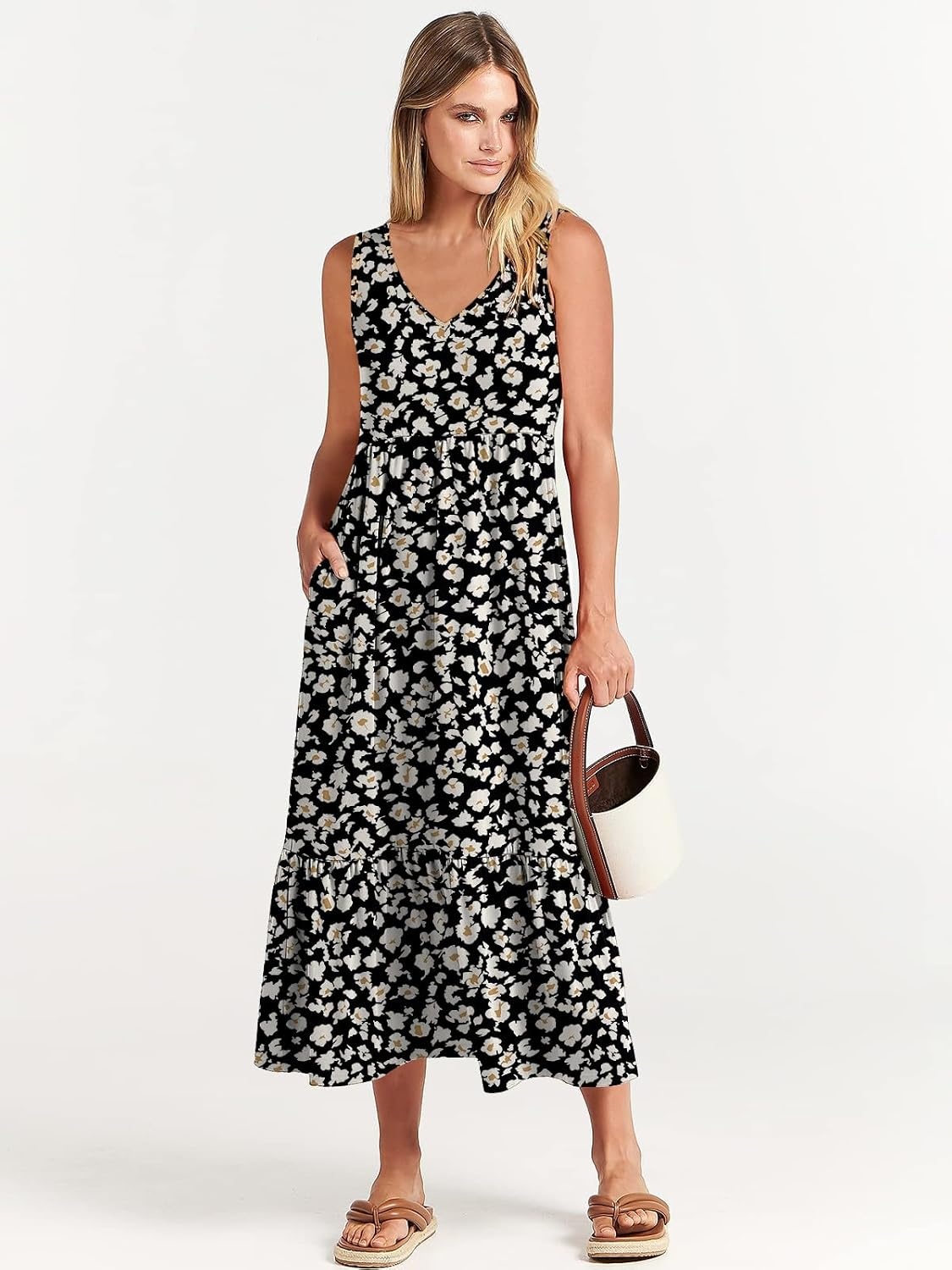 image:imageANRABESS Womens Sleeveless Summer Casual Maxi Dresses with PocketsBlack With Floral White