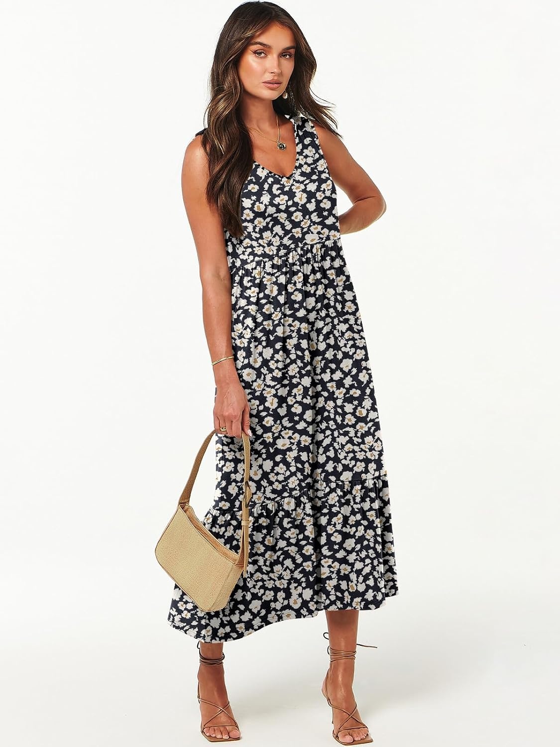 image:imageANRABESS Womens Sleeveless Summer Casual Maxi Dresses with PocketsBlack With Floral White
