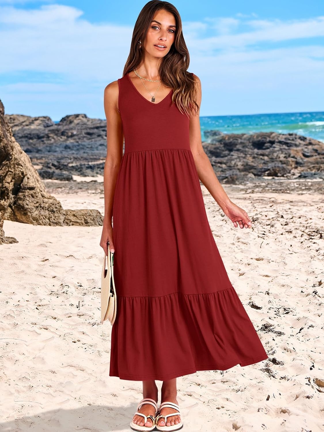 image:imageANRABESS Womens Sleeveless Summer Casual Maxi Dresses with PocketsBurgundy