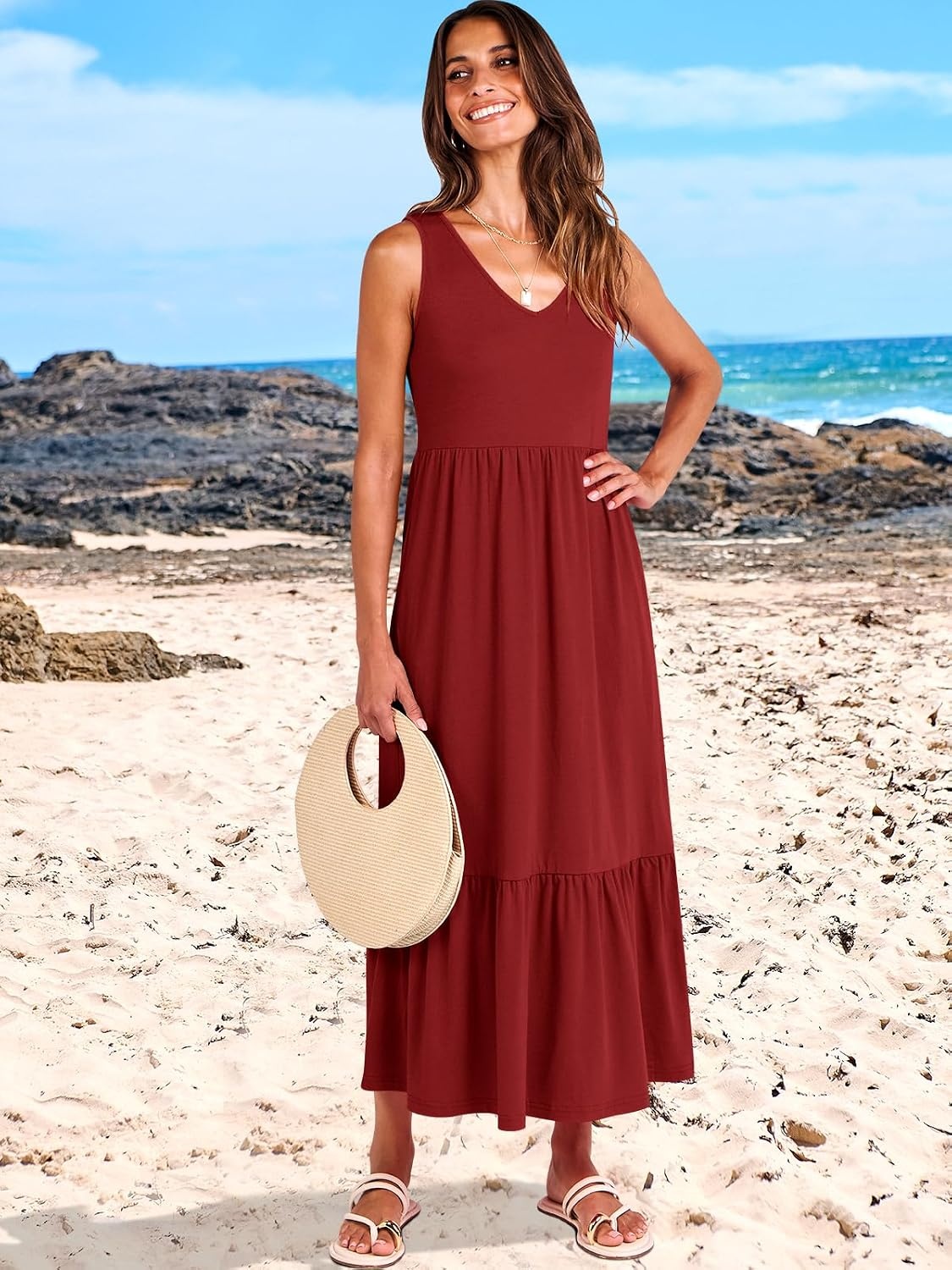 image:imageANRABESS Womens Sleeveless Summer Casual Maxi Dresses with PocketsBurgundy