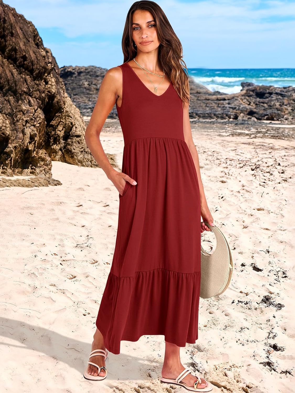 image:imageANRABESS Womens Sleeveless Summer Casual Maxi Dresses with PocketsBurgundy