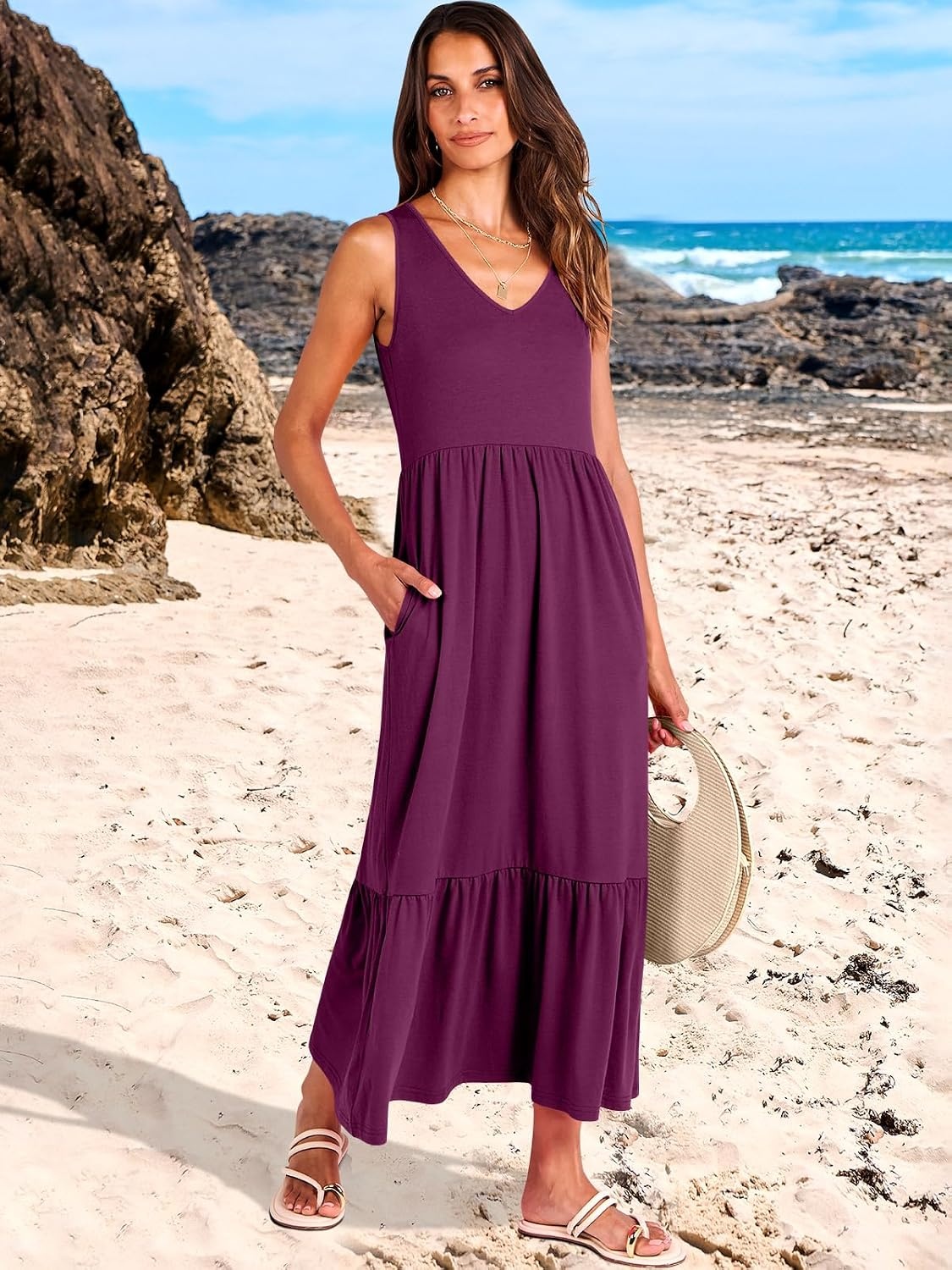 image:imageANRABESS Womens Sleeveless Summer Casual Maxi Dresses with PocketsDark Purple