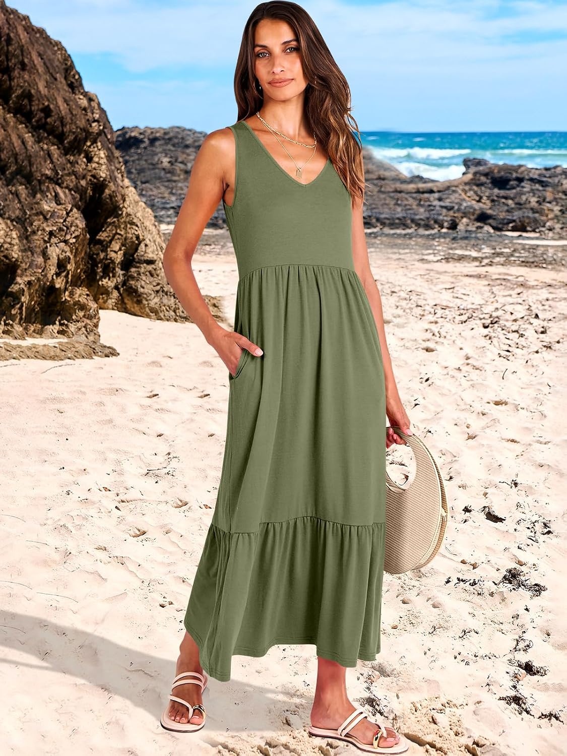 image:imageANRABESS Womens Sleeveless Summer Casual Maxi Dresses with PocketsGreen
