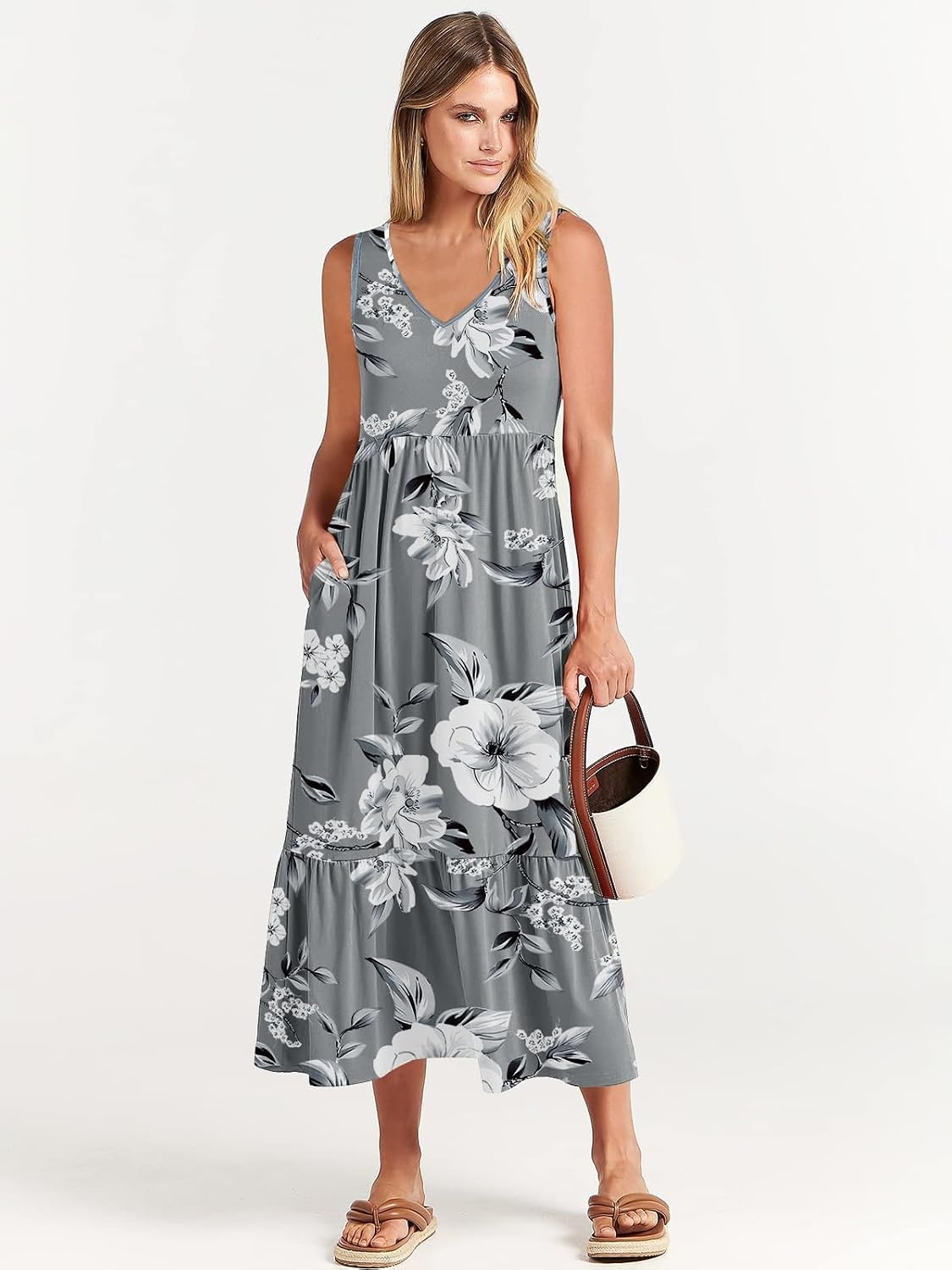 image:imageANRABESS Womens Sleeveless Summer Casual Maxi Dresses with PocketsGrey With Floral White
