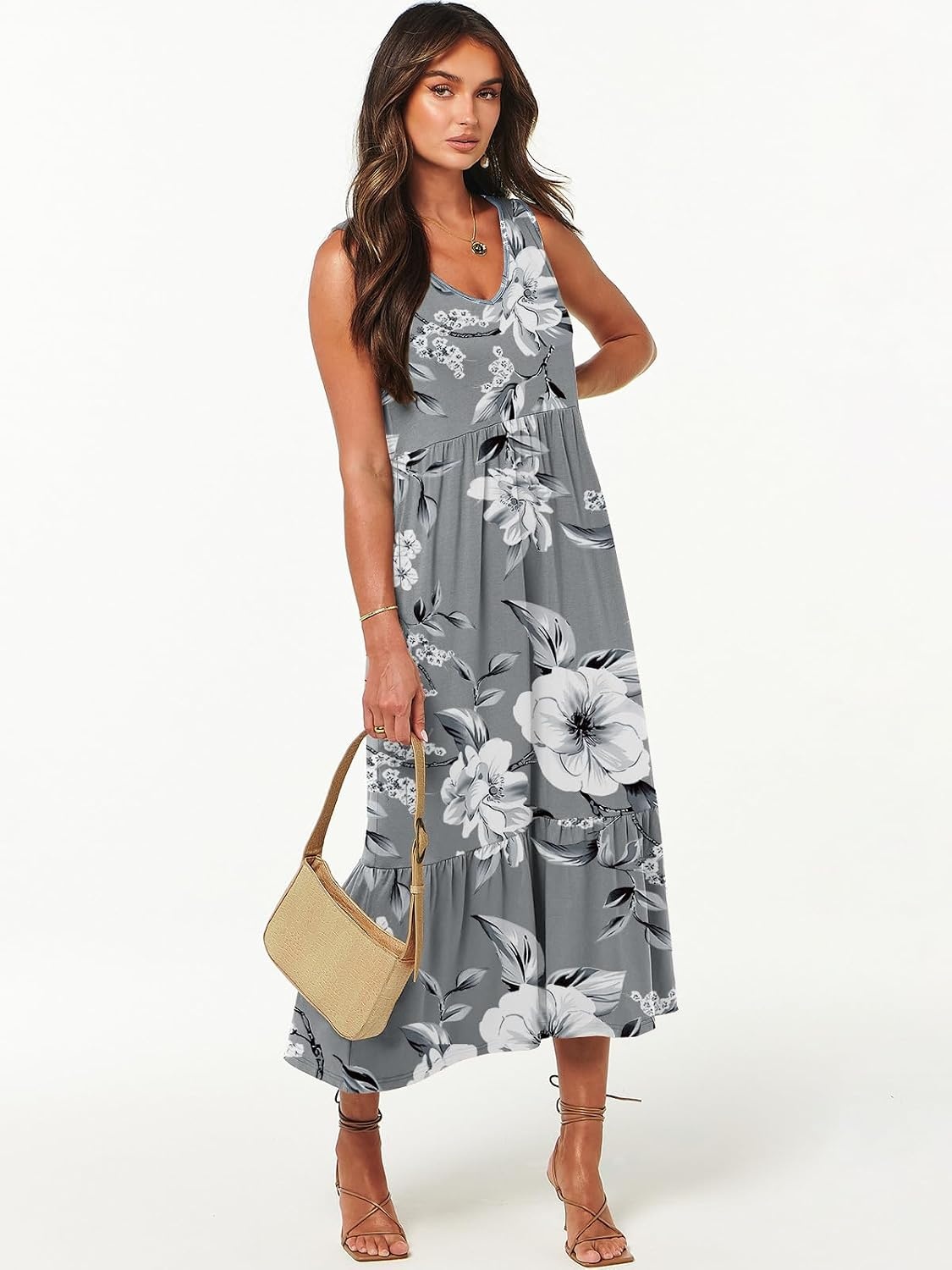 image:imageANRABESS Womens Sleeveless Summer Casual Maxi Dresses with PocketsGrey With Floral White