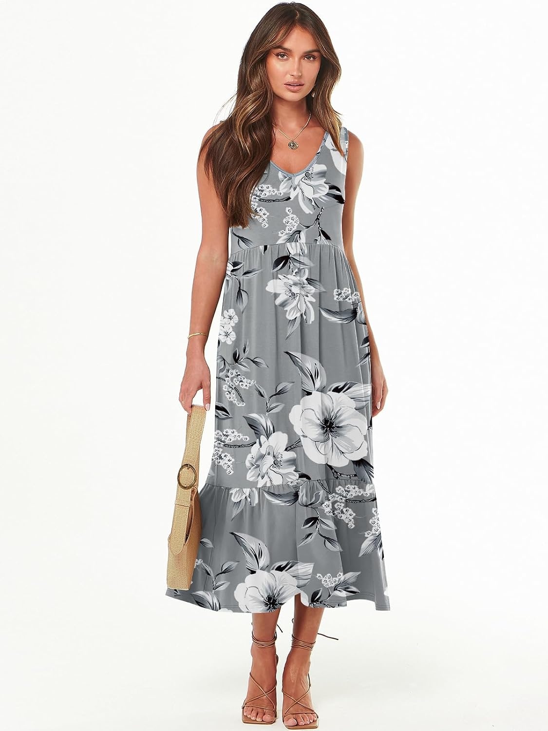 image:imageANRABESS Womens Sleeveless Summer Casual Maxi Dresses with PocketsGrey With Floral White