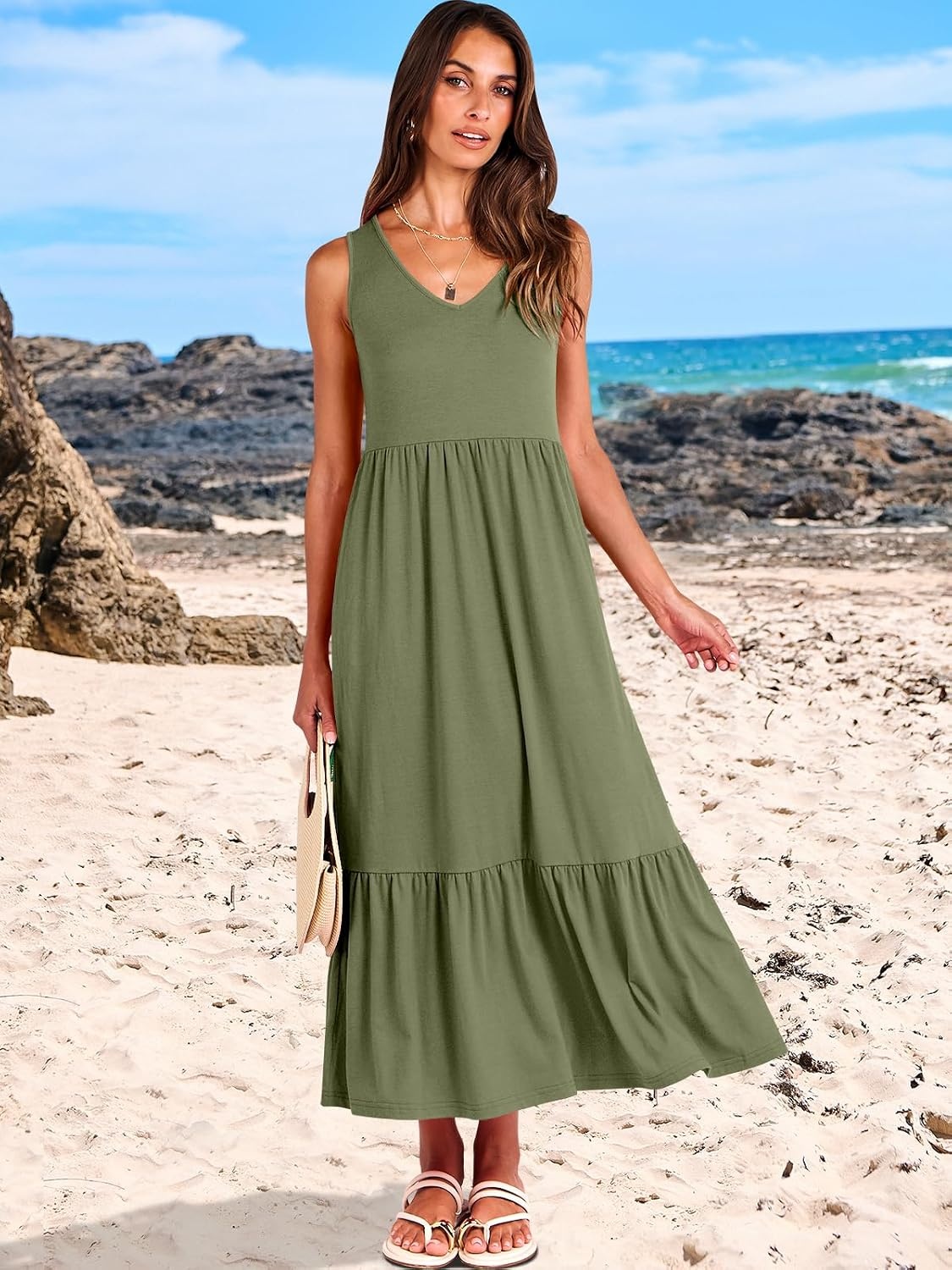 image:imageANRABESS Womens Sleeveless Summer Casual Maxi Dresses with PocketsOlive