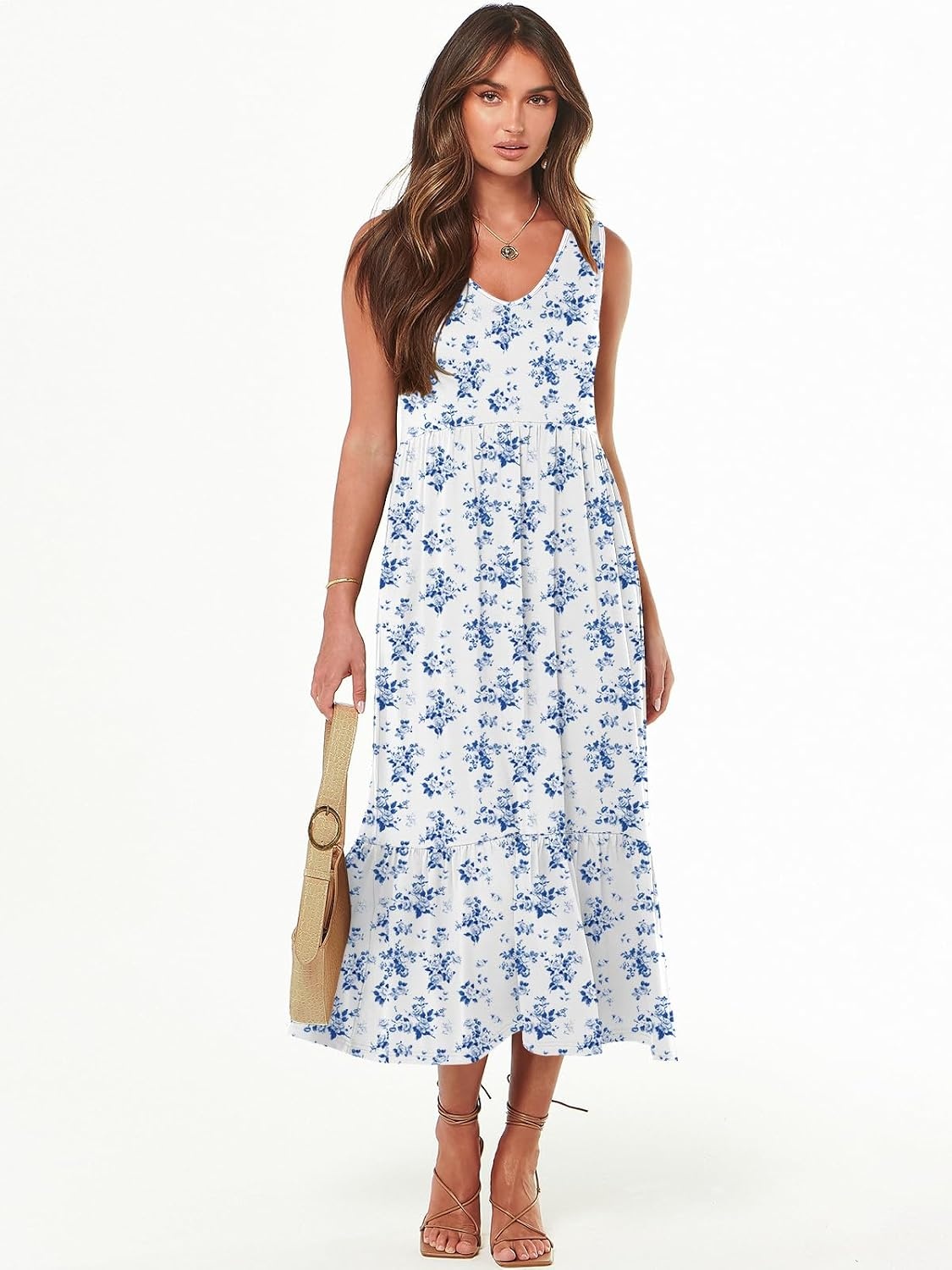 image:imageANRABESS Womens Sleeveless Summer Casual Maxi Dresses with PocketsWhite With Floral Blue