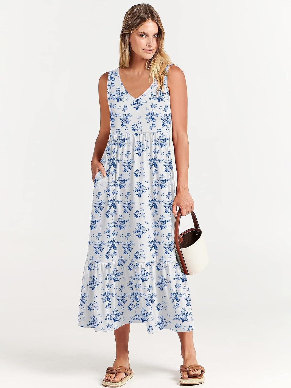 image:imageANRABESS Womens Sleeveless Summer Casual Maxi Dresses with PocketsWhite With Floral Blue