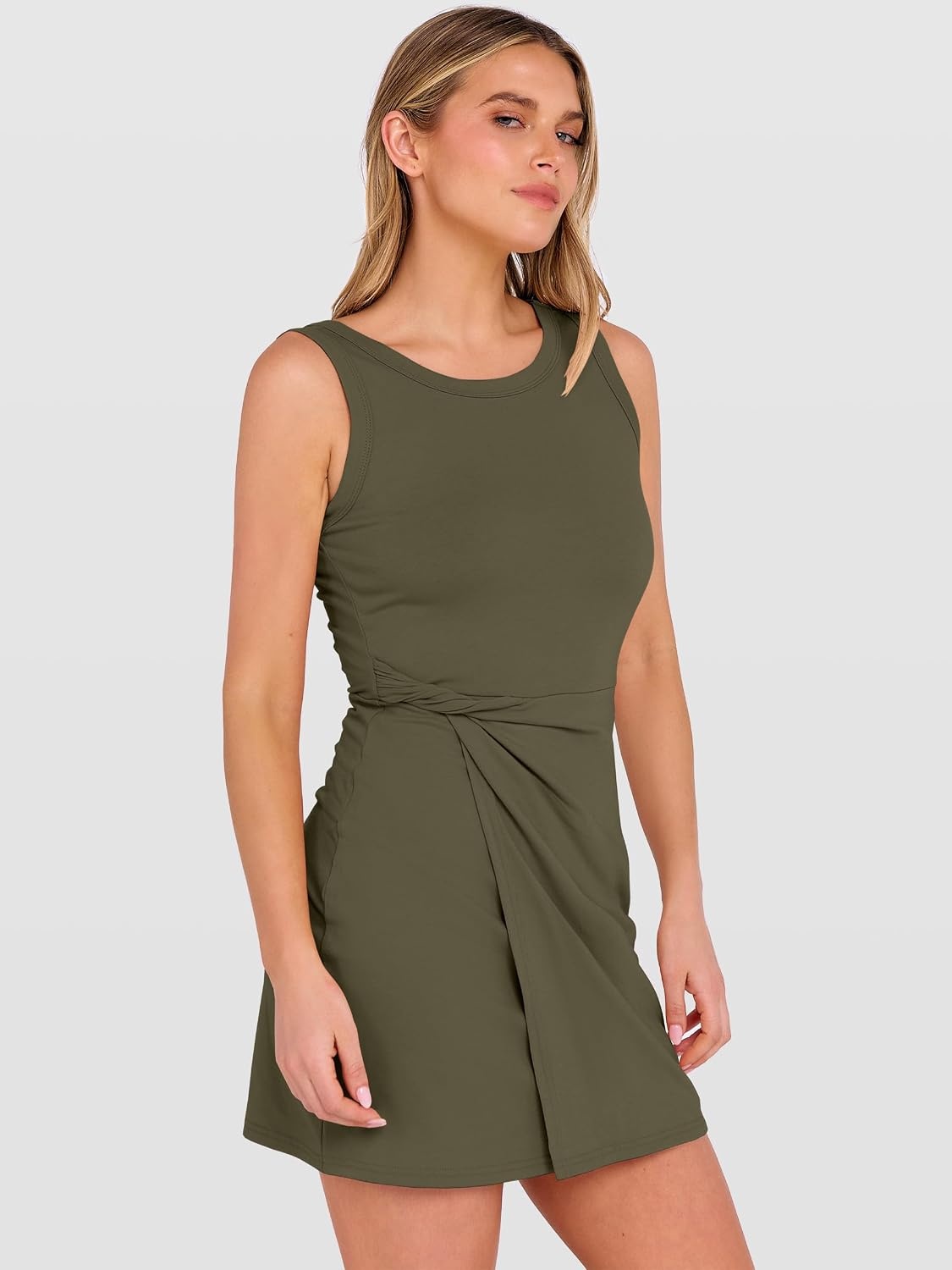 image:imageANRABESS Womens Summer Dresses 2026 Bodycon Sleeveless Romper Skort Twist Waist Night Out Vacation Mini Dress Built in ShortsArmy Green