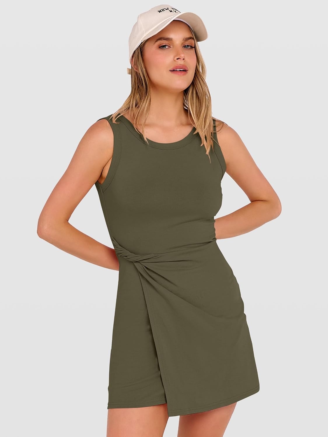 image:imageANRABESS Womens Summer Dresses 2026 Bodycon Sleeveless Romper Skort Twist Waist Night Out Vacation Mini Dress Built in ShortsArmy Green