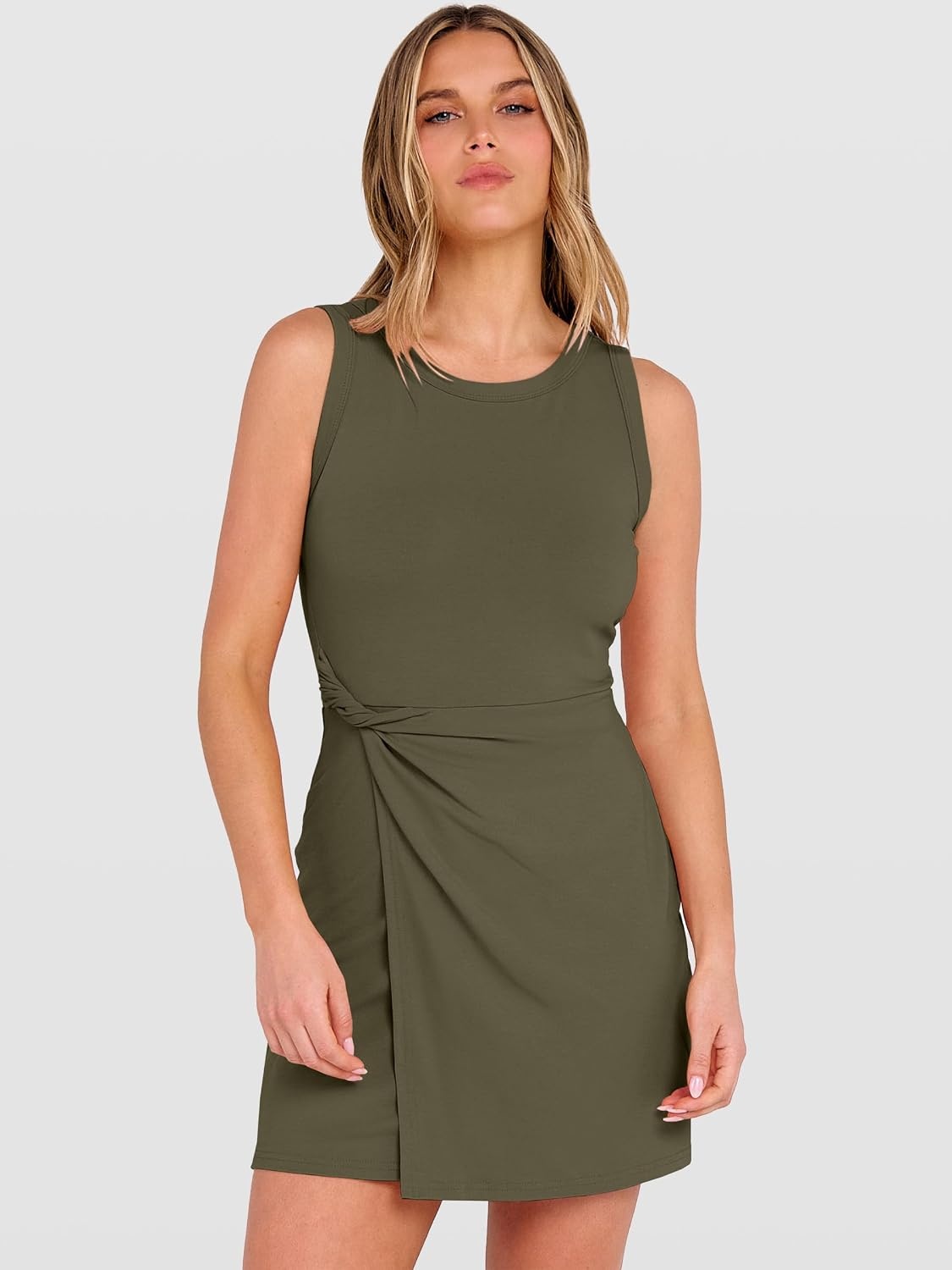 image:imageANRABESS Womens Summer Dresses 2026 Bodycon Sleeveless Romper Skort Twist Waist Night Out Vacation Mini Dress Built in ShortsArmy Green