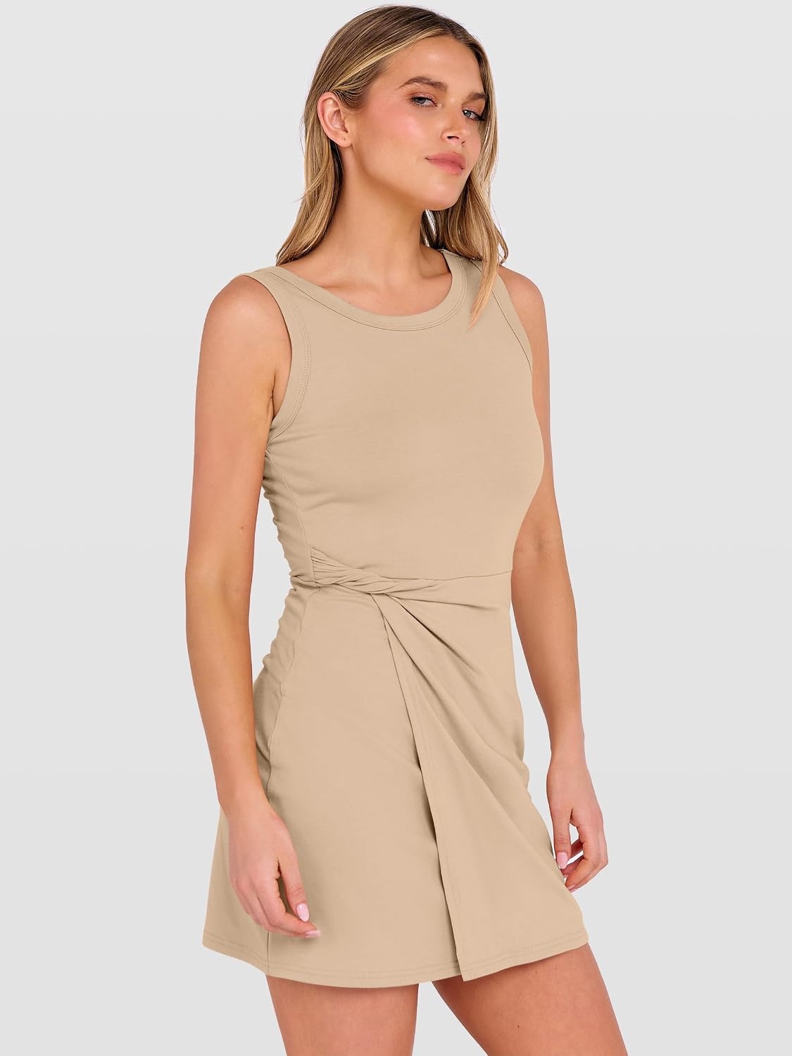 image:imageANRABESS Womens Summer Dresses 2026 Bodycon Sleeveless Romper Skort Twist Waist Night Out Vacation Mini Dress Built in ShortsBeige