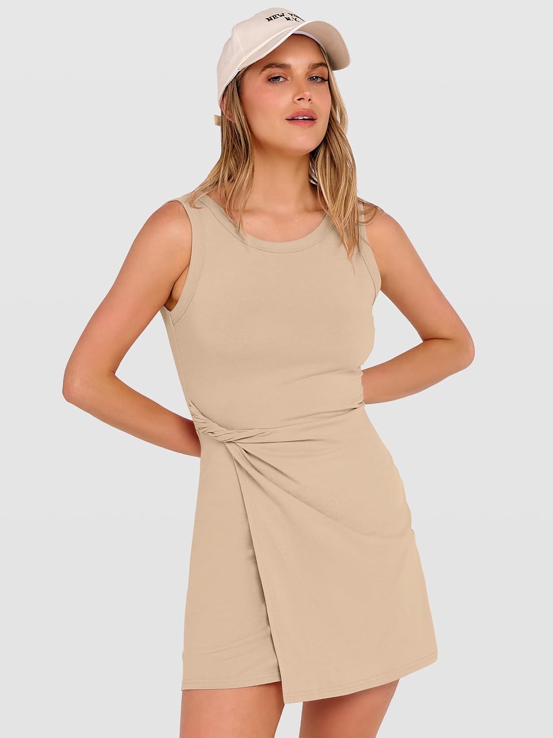 image:imageANRABESS Womens Summer Dresses 2026 Bodycon Sleeveless Romper Skort Twist Waist Night Out Vacation Mini Dress Built in ShortsBeige