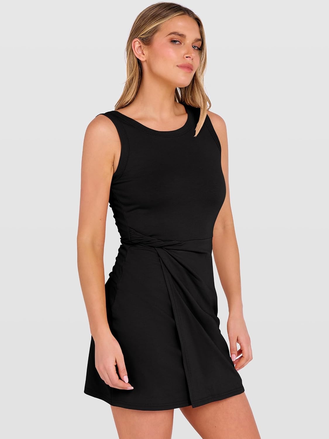 image:imageANRABESS Womens Summer Dresses 2026 Bodycon Sleeveless Romper Skort Twist Waist Night Out Vacation Mini Dress Built in ShortsBlack