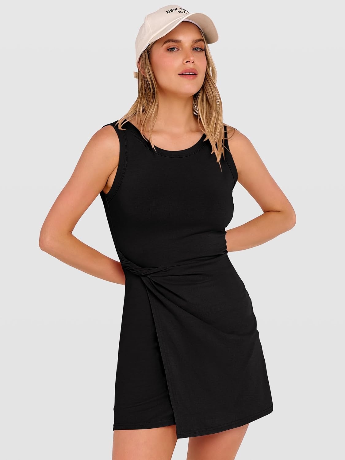 image:imageANRABESS Womens Summer Dresses 2026 Bodycon Sleeveless Romper Skort Twist Waist Night Out Vacation Mini Dress Built in ShortsBlack