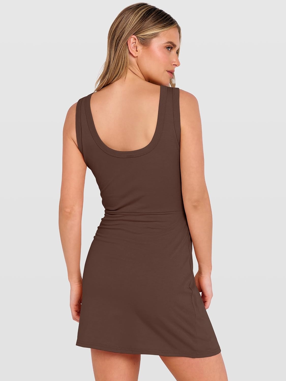 image:imageANRABESS Womens Summer Dresses 2026 Bodycon Sleeveless Romper Skort Twist Waist Night Out Vacation Mini Dress Built in ShortsCoffee