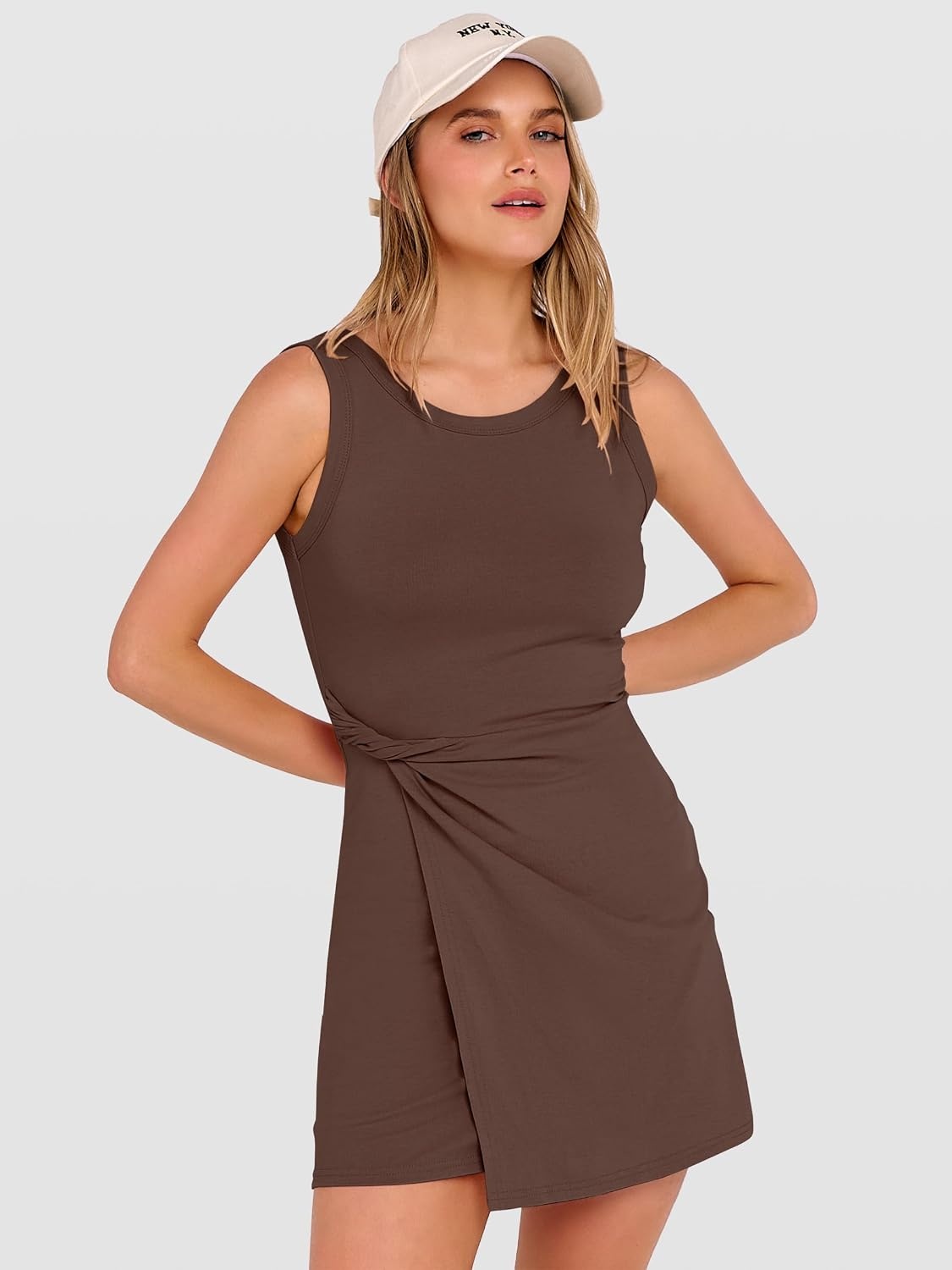 image:imageANRABESS Womens Summer Dresses 2026 Bodycon Sleeveless Romper Skort Twist Waist Night Out Vacation Mini Dress Built in ShortsCoffee