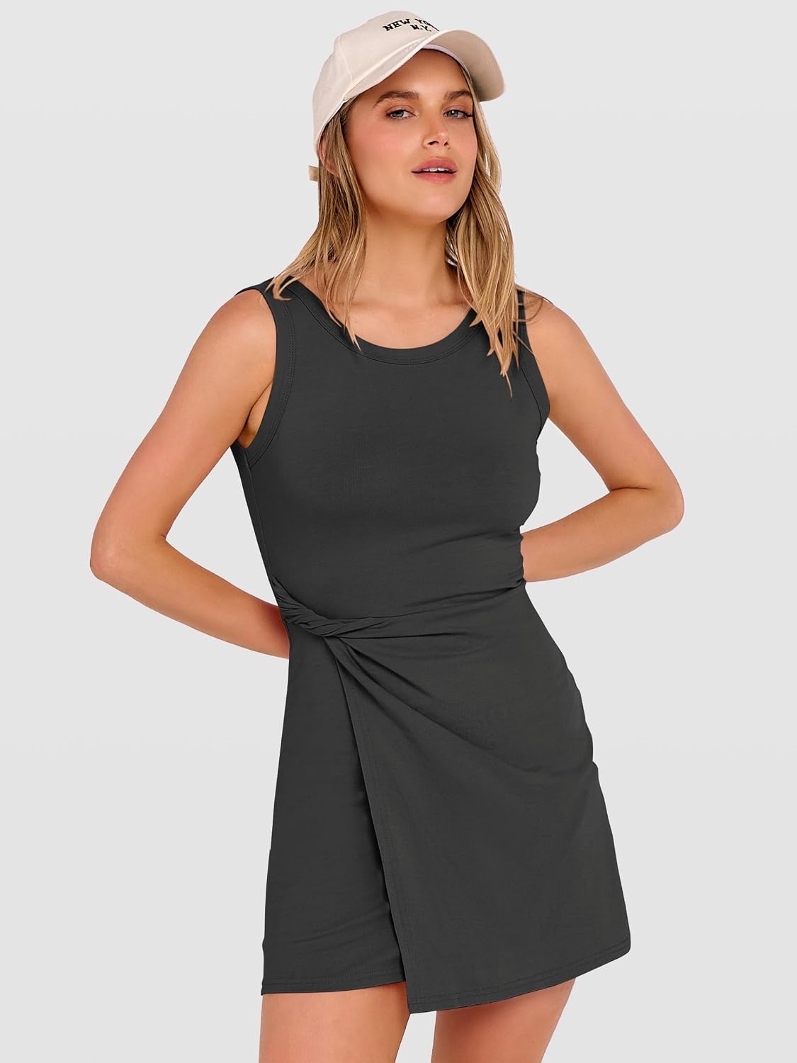 image:imageANRABESS Womens Summer Dresses 2026 Bodycon Sleeveless Romper Skort Twist Waist Night Out Vacation Mini Dress Built in ShortsDeep Gray