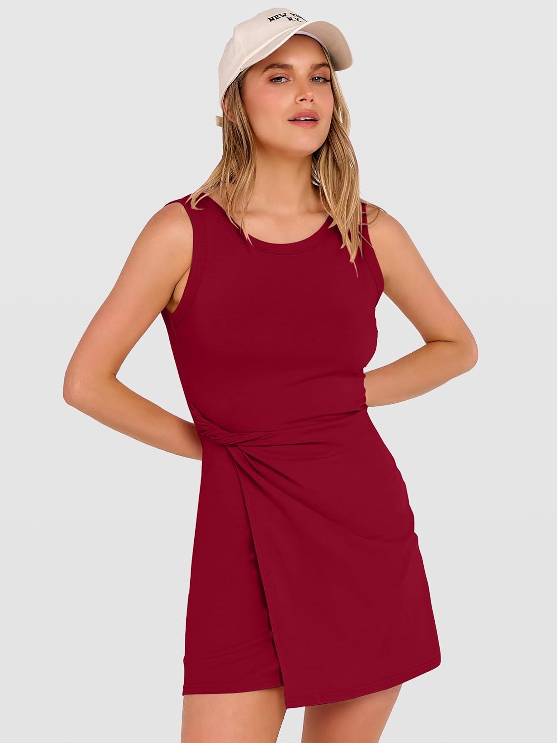image:imageANRABESS Womens Summer Dresses 2026 Bodycon Sleeveless Romper Skort Twist Waist Night Out Vacation Mini Dress Built in ShortsDeep Red