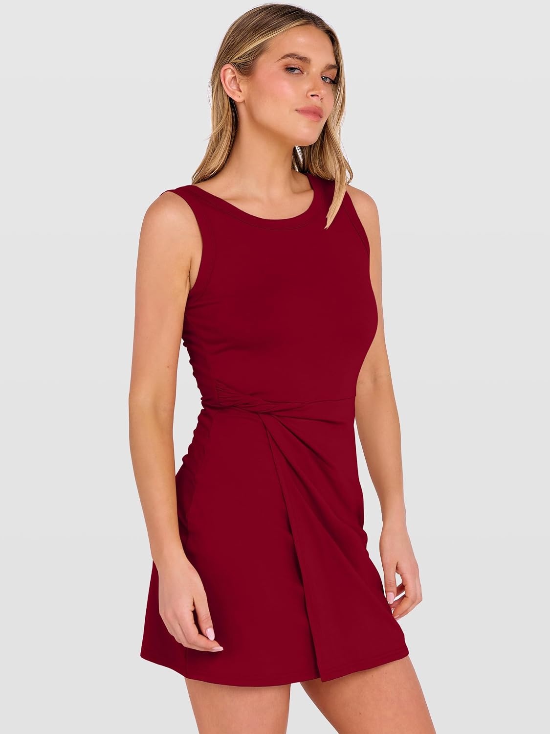 image:imageANRABESS Womens Summer Dresses 2026 Bodycon Sleeveless Romper Skort Twist Waist Night Out Vacation Mini Dress Built in ShortsDeep Red